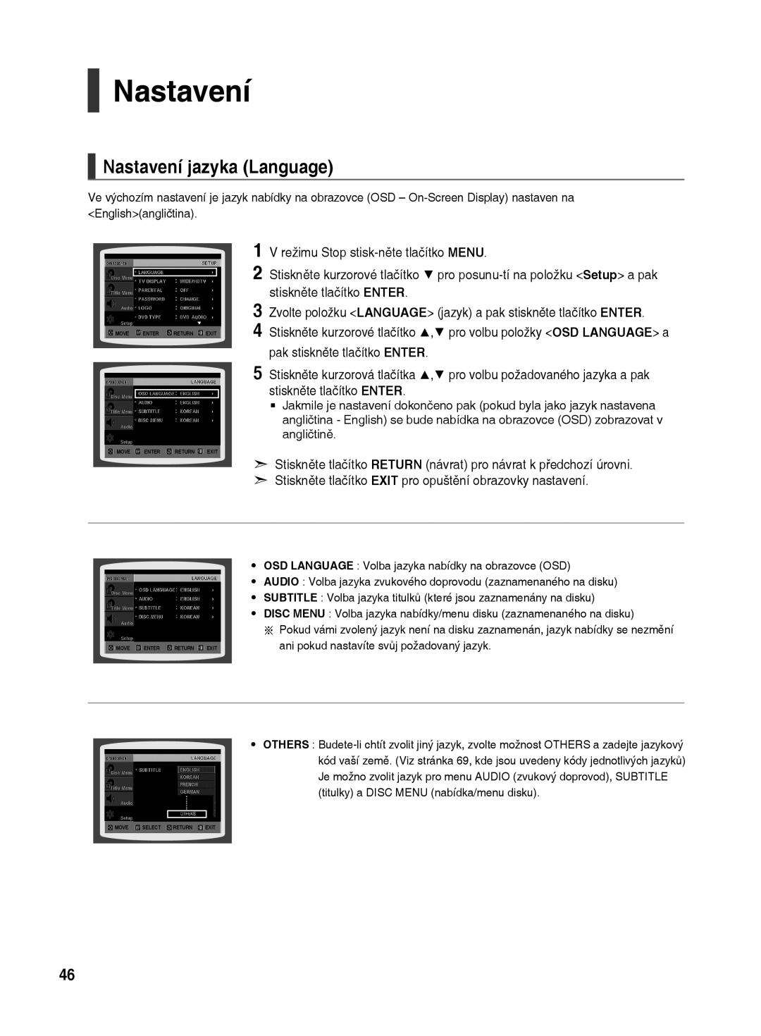 Samsung HT-TX500R/XEO manual Nastavení jazyka Language, OSD Language Volba jazyka nabídky na obrazovce OSD 