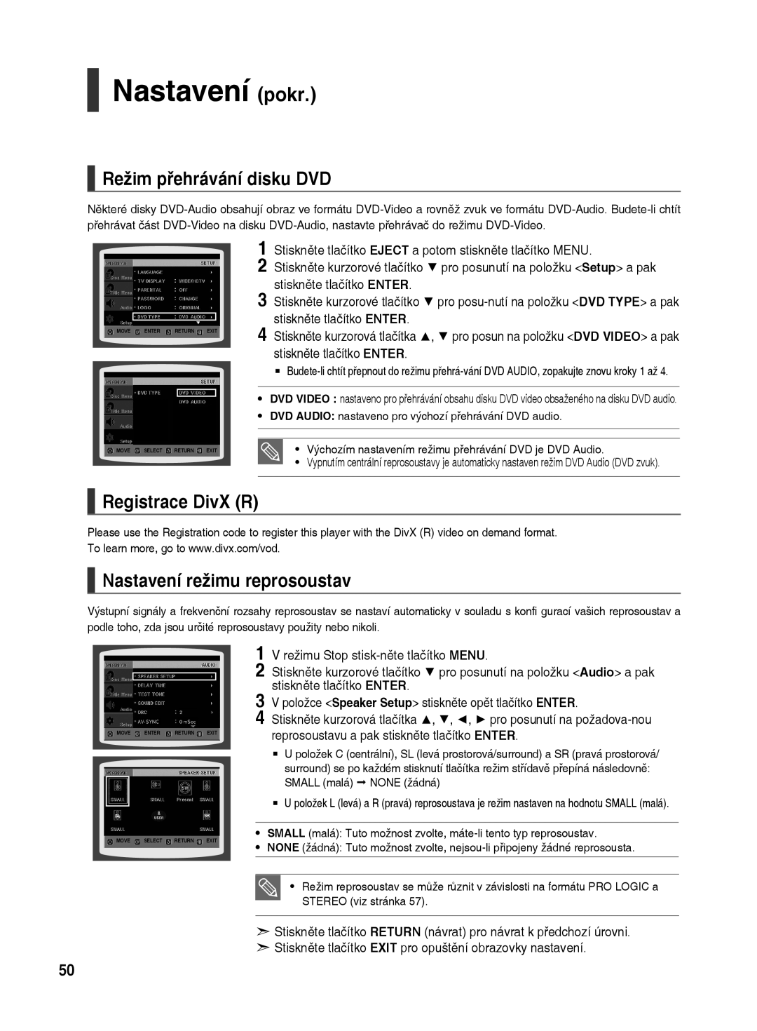 Samsung HT-TX500R/XEO manual Nastavení pokr, Režim přehrávání disku DVD, Režimu Stop stisk-něte tlačítko Menu 