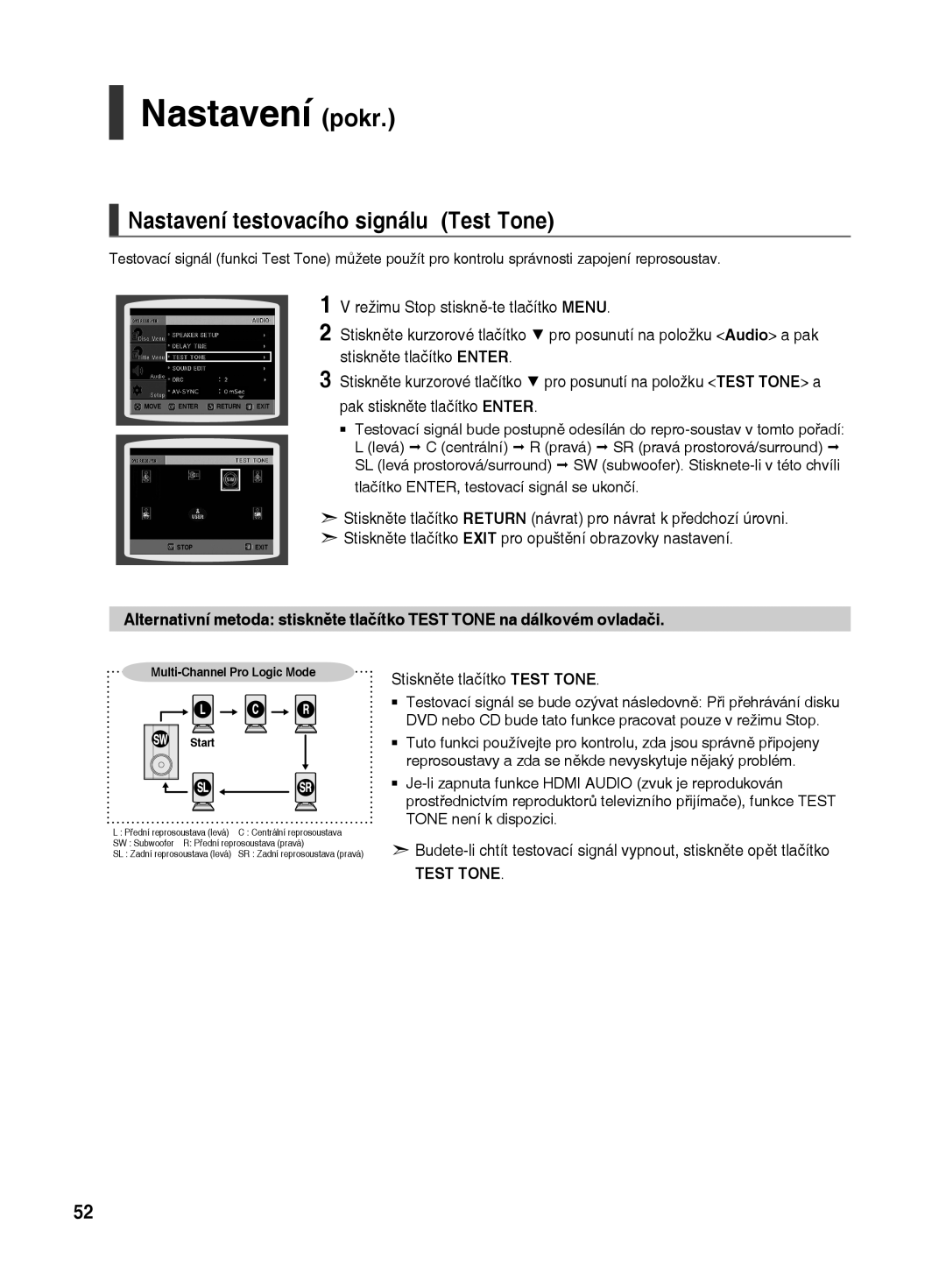 Samsung HT-TX500R/XEO manual Stiskněte tlačítko Test Tone, Multi-Channel Pro Logic Mode 