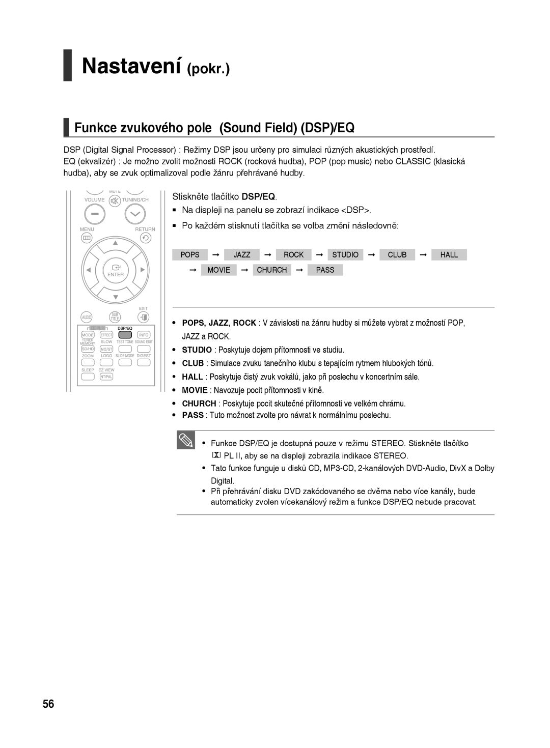 Samsung HT-TX500R/XEO manual Funkce zvukového pole Sound Field DSP/EQ, Stiskněte tlačítko DSP/EQ 