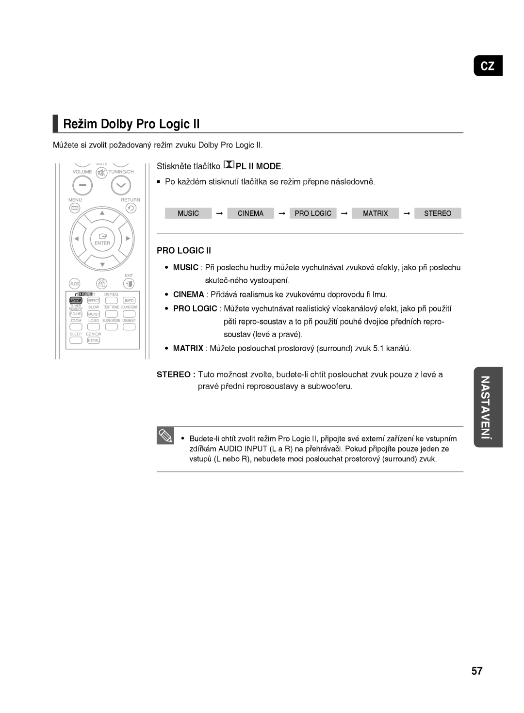 Samsung HT-TX500R/XEO manual Režim Dolby Pro Logic, Stiskněte tlačítko PL II Mode 