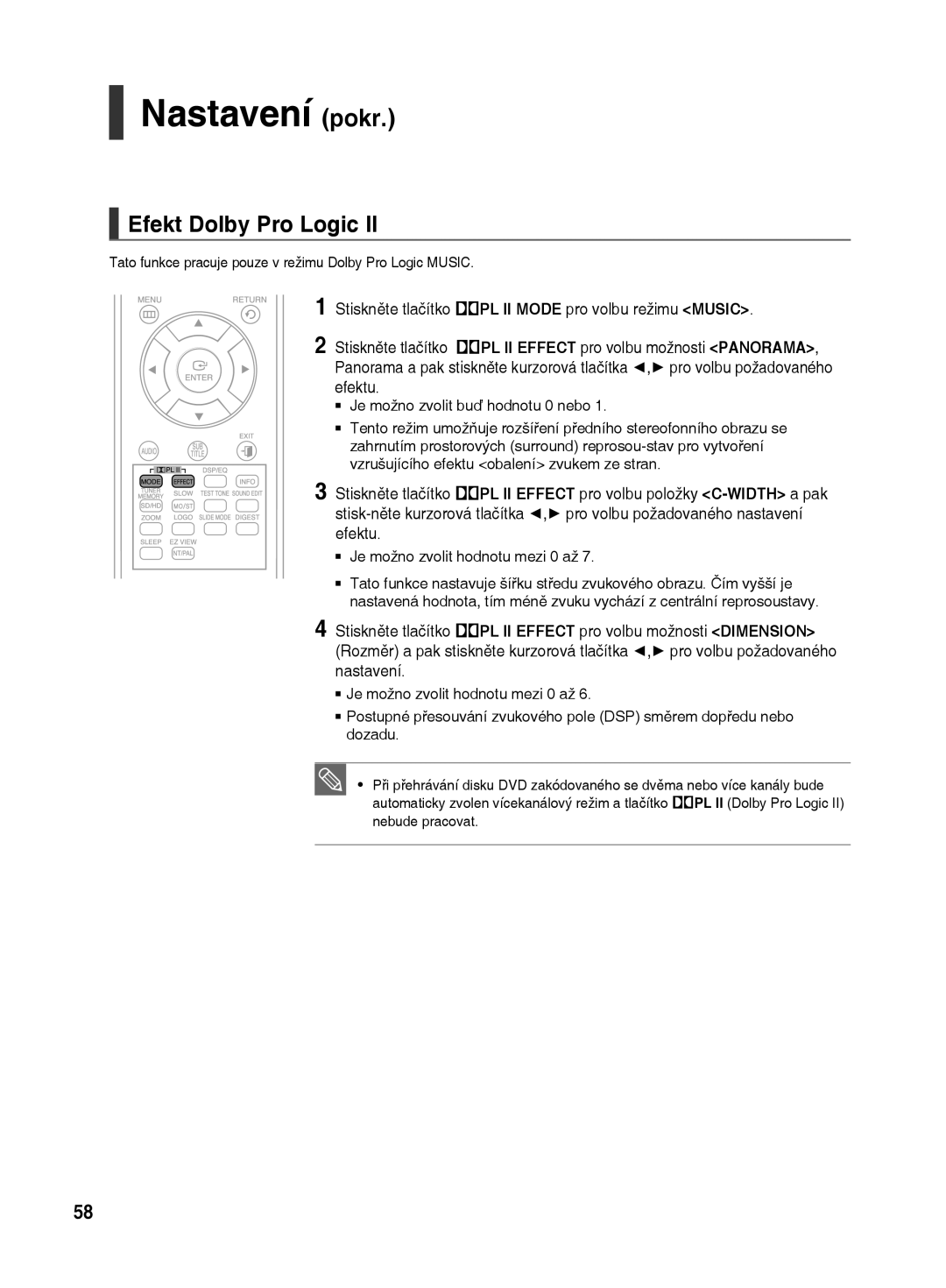 Samsung HT-TX500R/XEO manual Efekt Dolby Pro Logic, Tato funkce pracuje pouze v režimu Dolby Pro Logic Music 