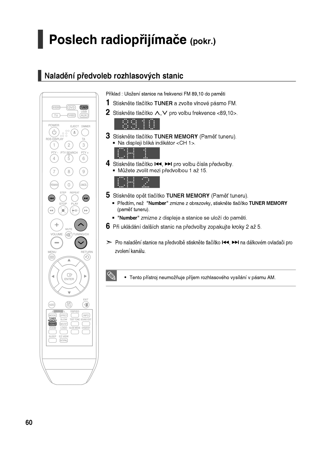 Samsung HT-TX500R/XEO manual Poslech radiopřijímače pokr, Naladění předvoleb rozhlasových stanic 