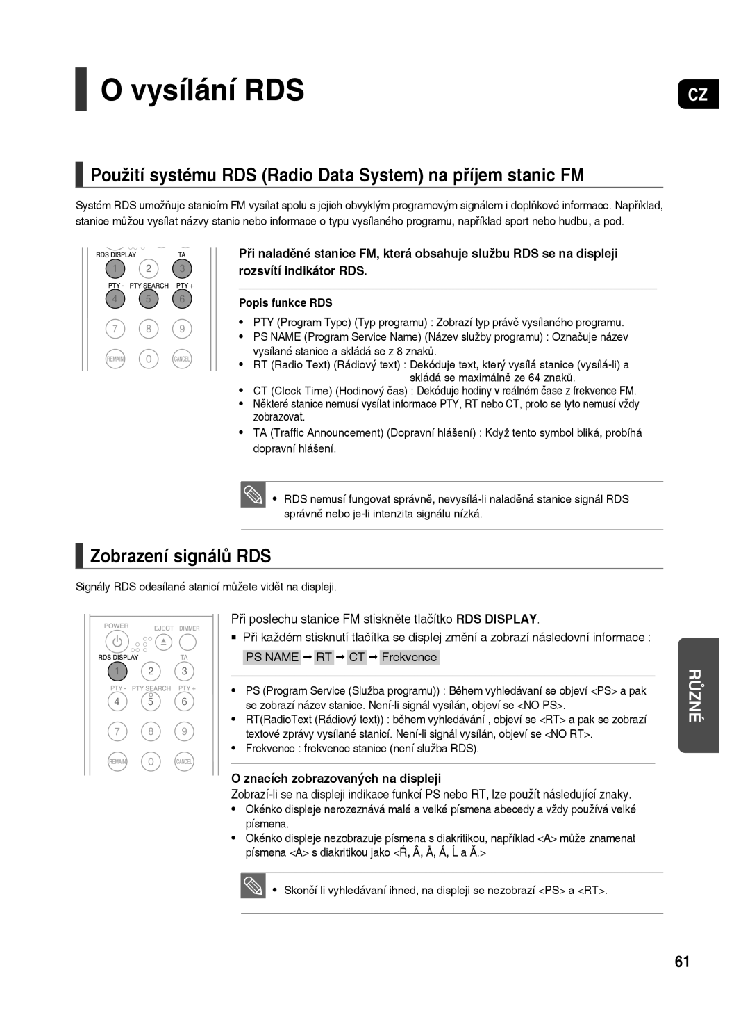 Samsung HT-TX500R/XEO manual Vysílání RDS, Použití systému RDS Radio Data System na příjem stanic FM, Zobrazení signálů RDS 