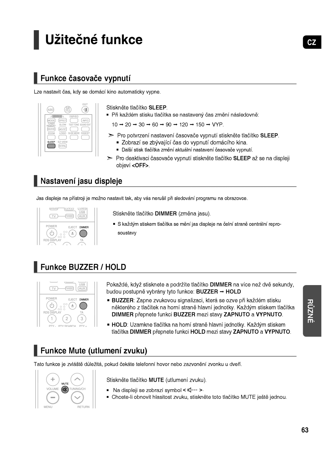 Samsung HT-TX500R/XEO manual Užitečné funkce, Funkce časovače vypnutí, Nastavení jasu displeje, Funkce Buzzer / Hold 