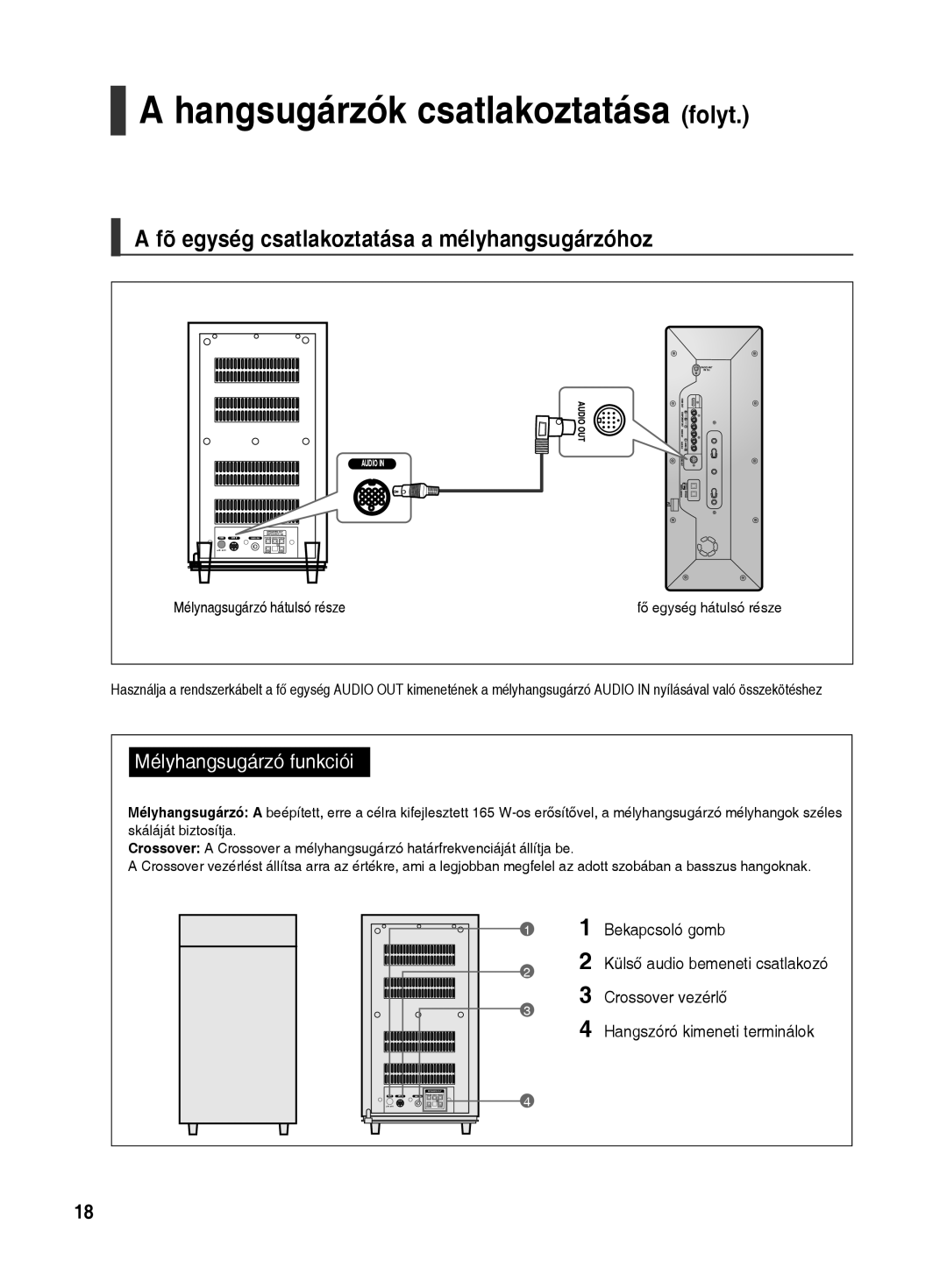 Samsung HT-TX500R/XEO, HT-TX500R/XET Hangsugárzók csatlakoztatása folyt, Fõ egység csatlakoztatása a mélyhangsugárzóhoz 