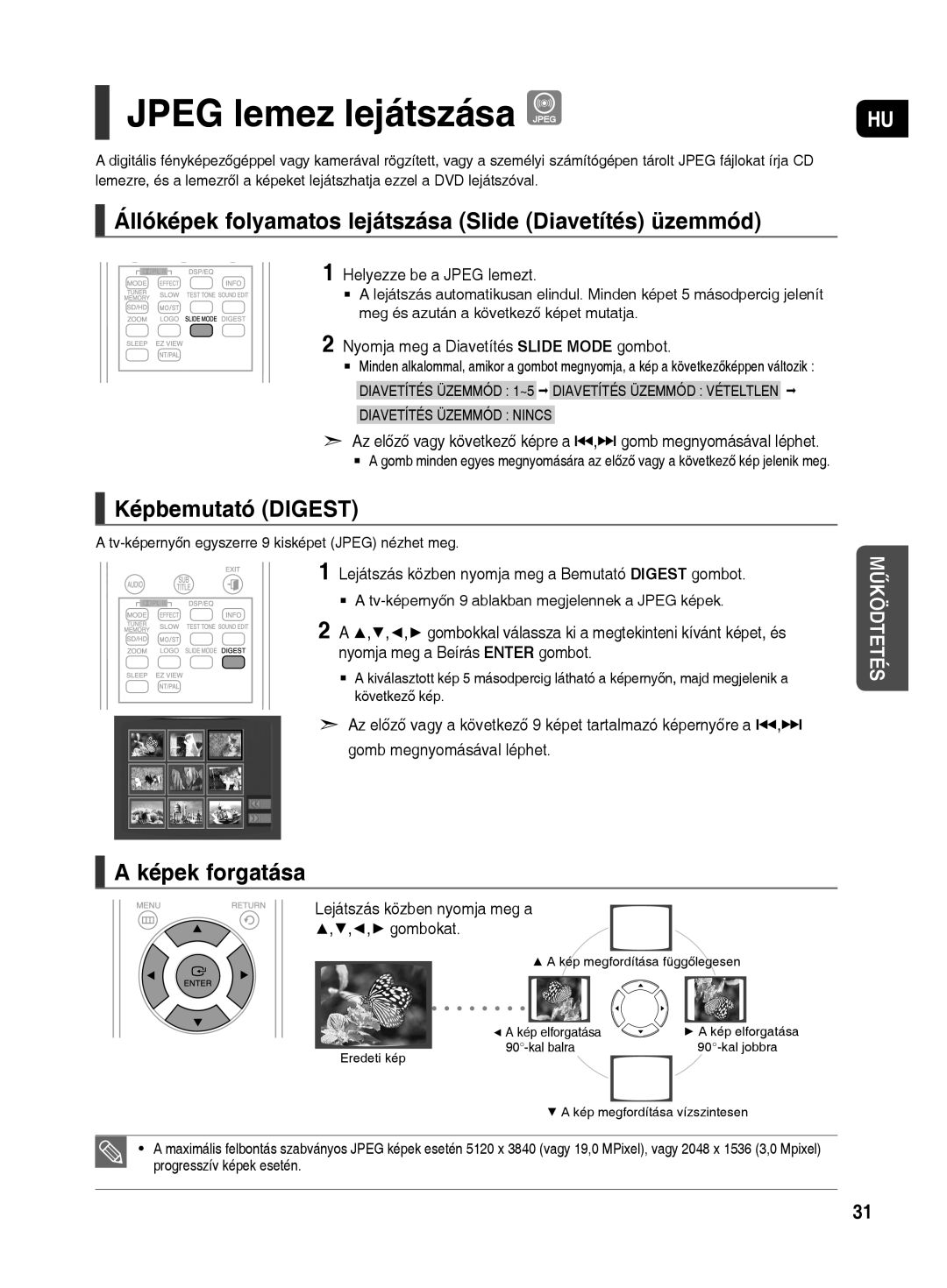 Samsung HT-TX500R/XEE manual Állóképek folyamatos lejátszása Slide Diavetítés üzemmód, Képbemutató Digest, Képek forgatása 