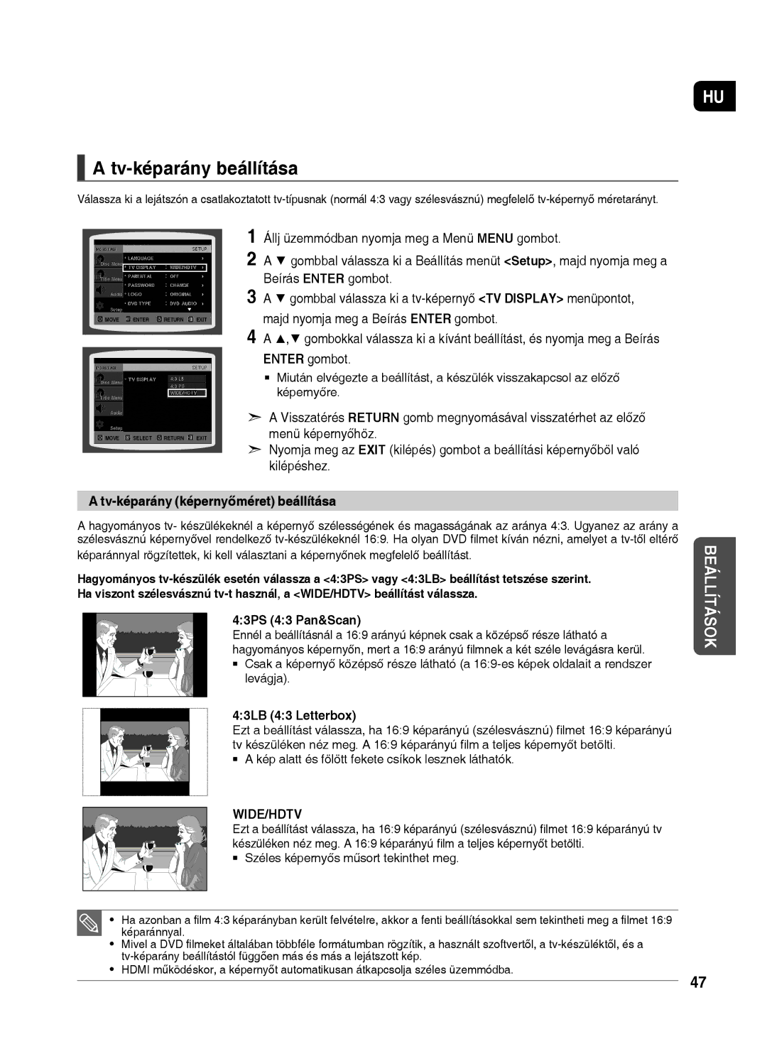 Samsung HT-TX500R/XET Tv-képarány beállítása, Tv-képarány képernyőméret beállítása, 43PS 43 Pan&Scan, 43LB 43 Letterbox 