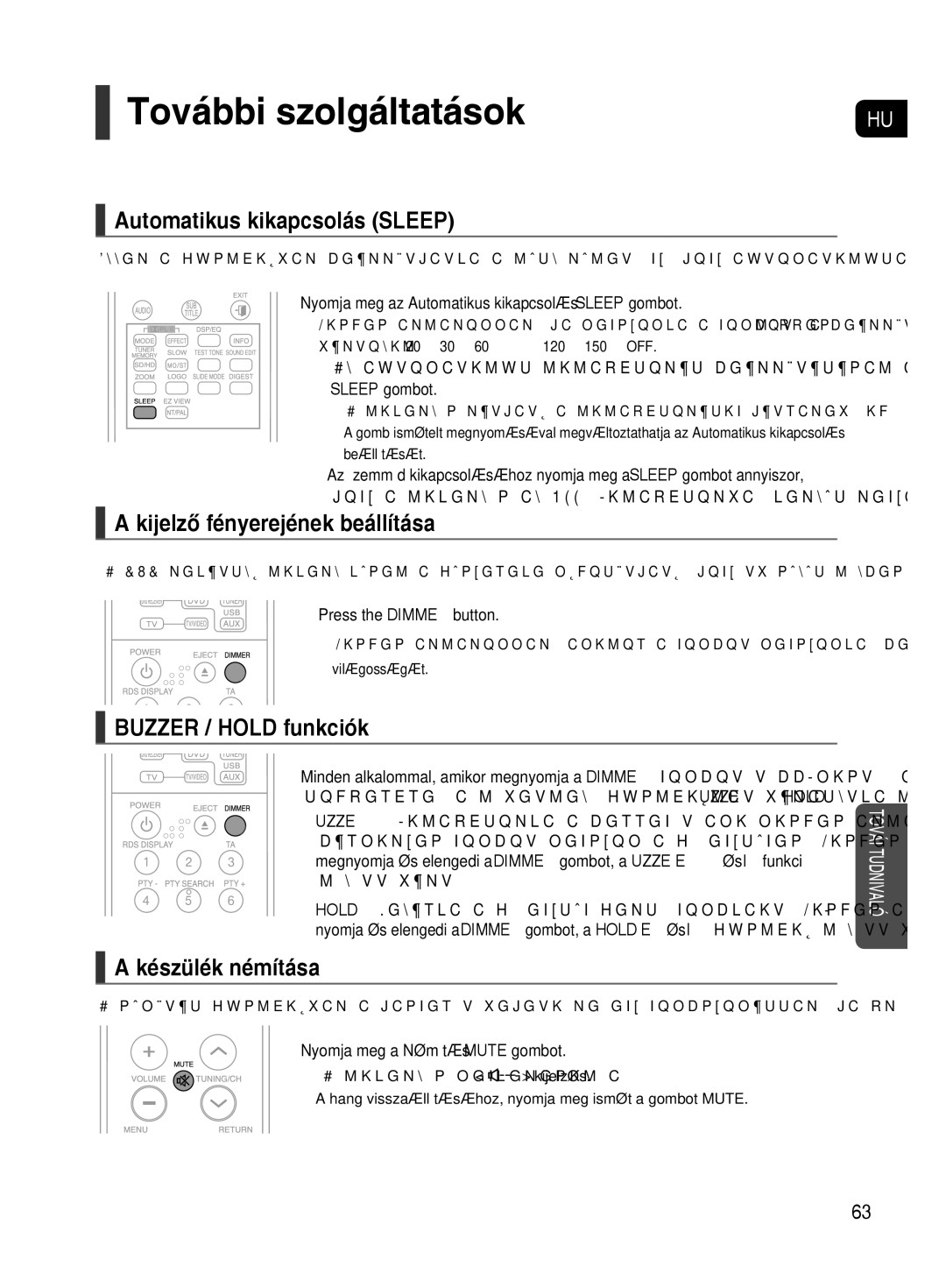 Samsung HT-TX500R/XEO manual Automatikus kikapcsolás Sleep, Kijelző fényerejének beállítása, Buzzer / Hold funkciók 