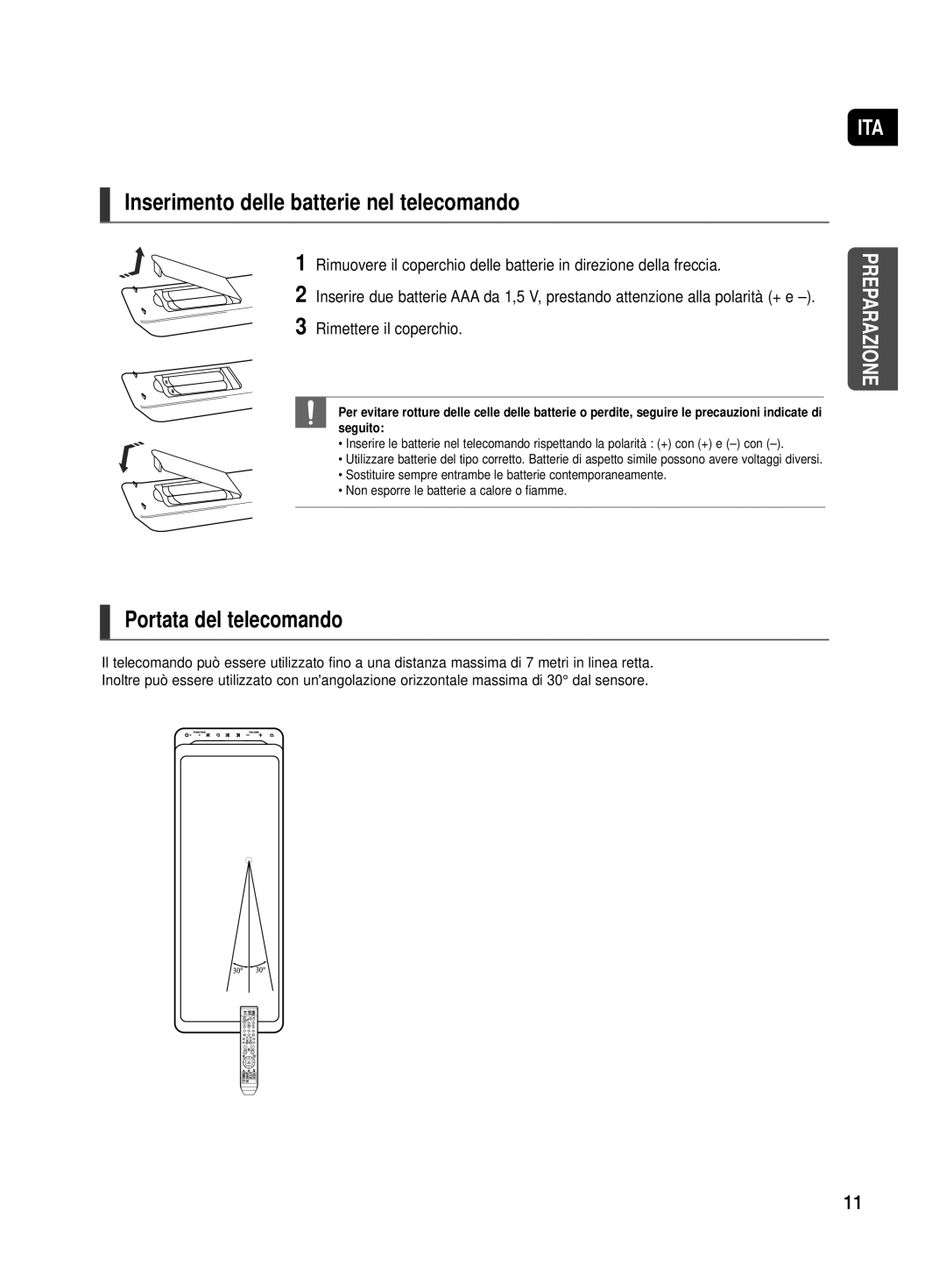 Samsung HT-TX500R/XET manual Inserimento delle batterie nel telecomando, Portata del telecomando 