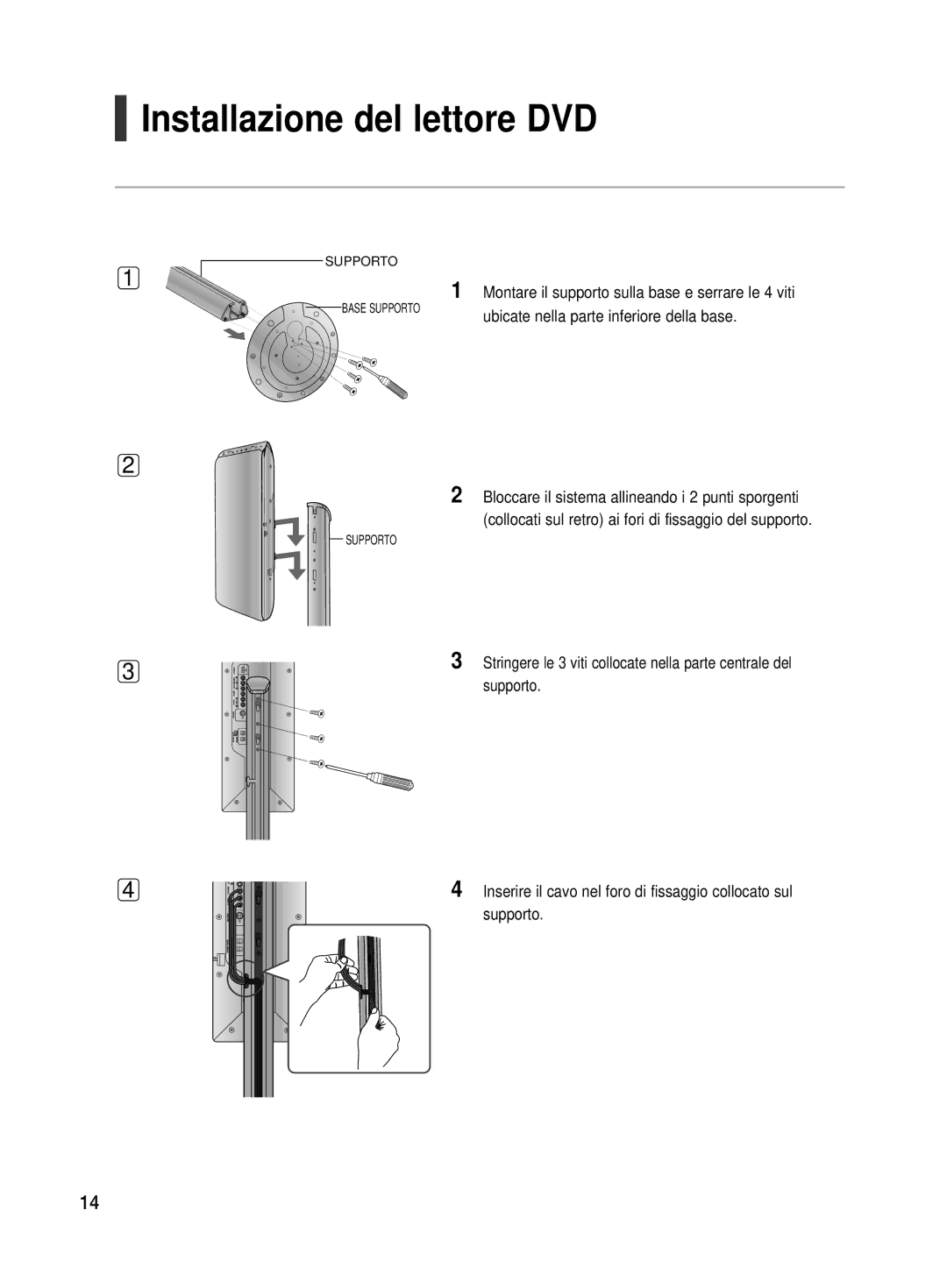 Samsung HT-TX500R/XET manual Installazione del lettore DVD, Montare il supporto sulla base e serrare le 4 viti 