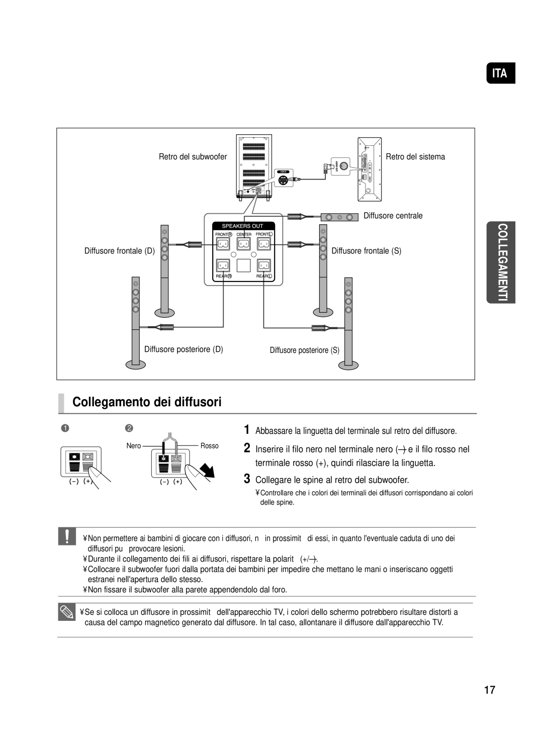 Samsung HT-TX500R/XET manual Collegamento dei diffusori, Terminale rosso +, quindi rilasciare la linguetta 