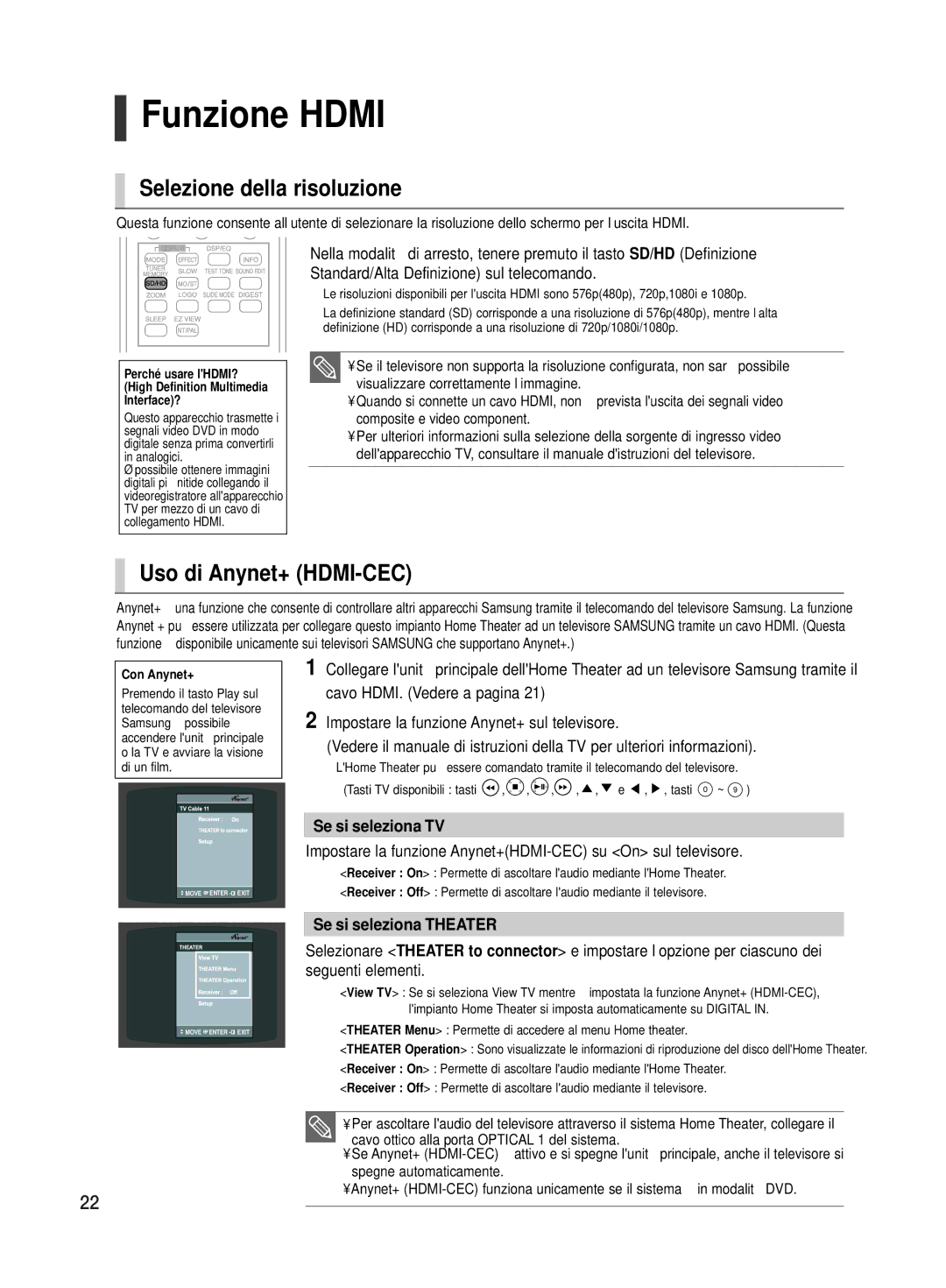 Samsung HT-TX500R/XET manual Funzione Hdmi, Selezione della risoluzione, Uso di Anynet+ HDMI-CEC, Se si seleziona TV 