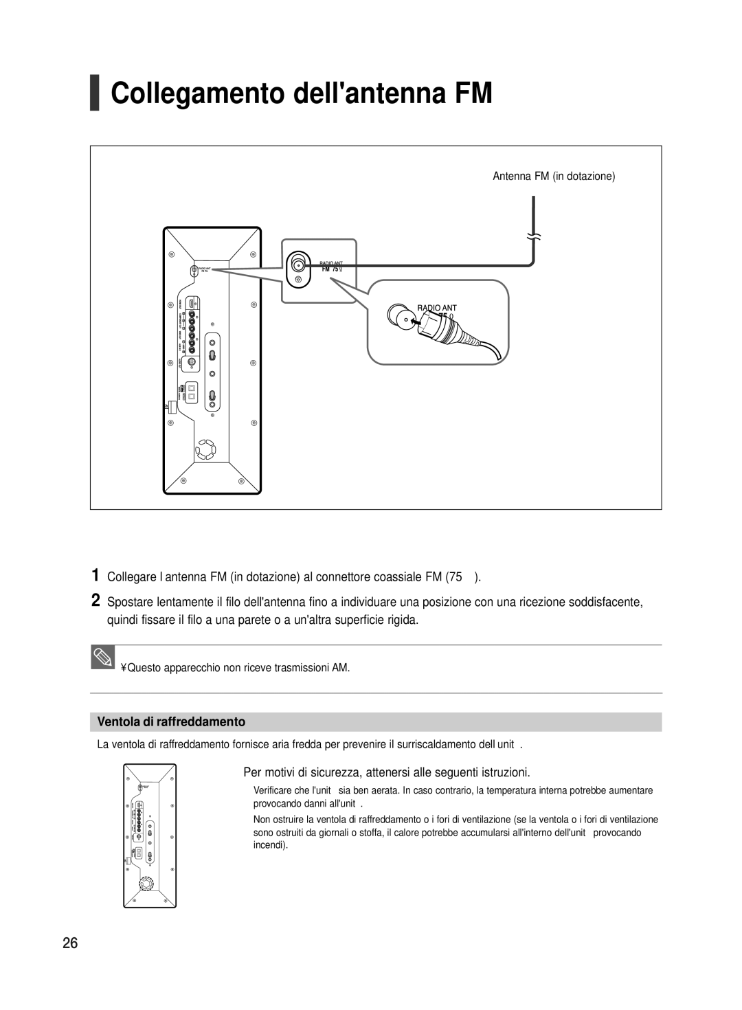 Samsung HT-TX500R/XET manual Collegamento dellantenna FM, Ventola di raffreddamento 