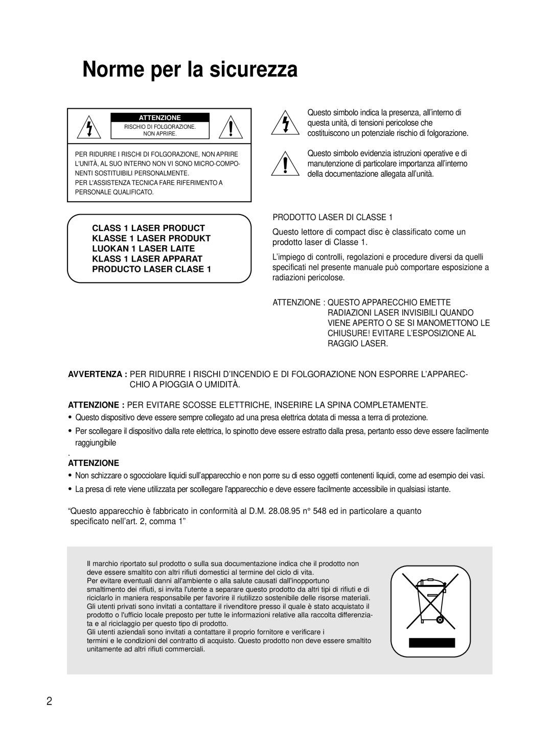 Samsung HT-TX500R/XET manual Norme per la sicurezza, Attenzione 