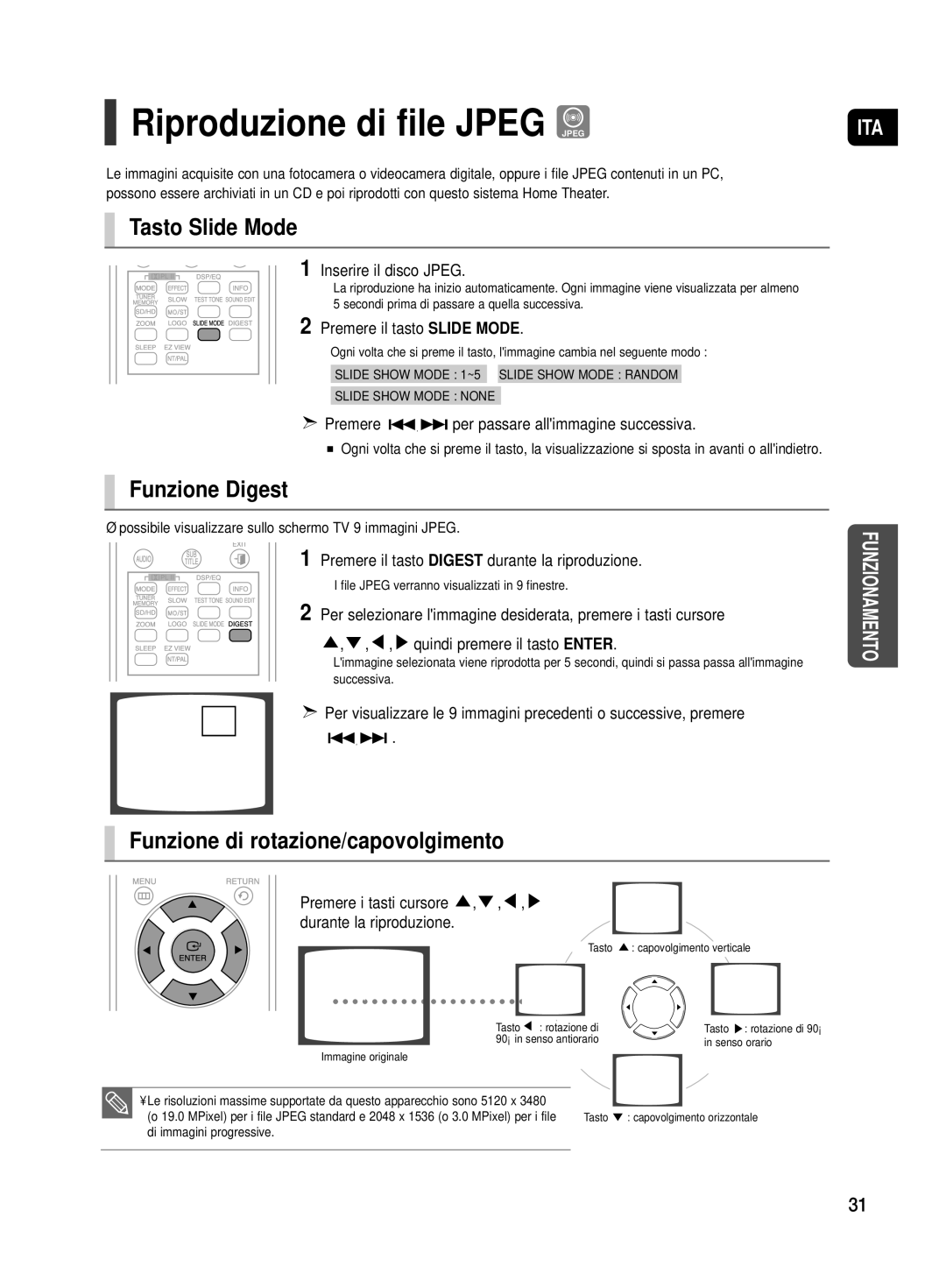 Samsung HT-TX500R/XET manual Tasto Slide Mode, Funzione Digest, Funzione di rotazione/capovolgimento 