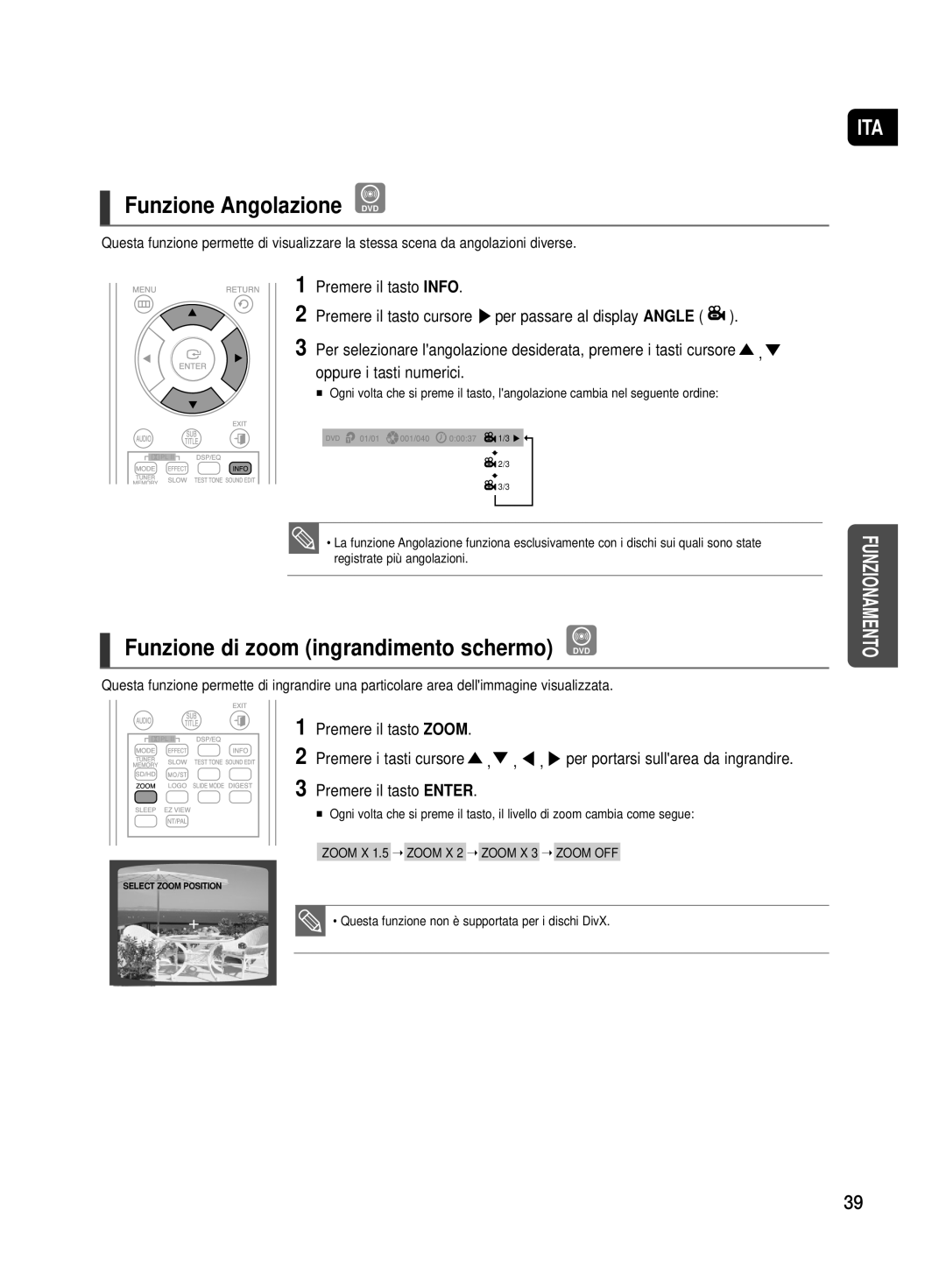 Samsung HT-TX500R/XET manual Funzione Angolazione DVD, Funzione di zoom ingrandimento schermo DVD 