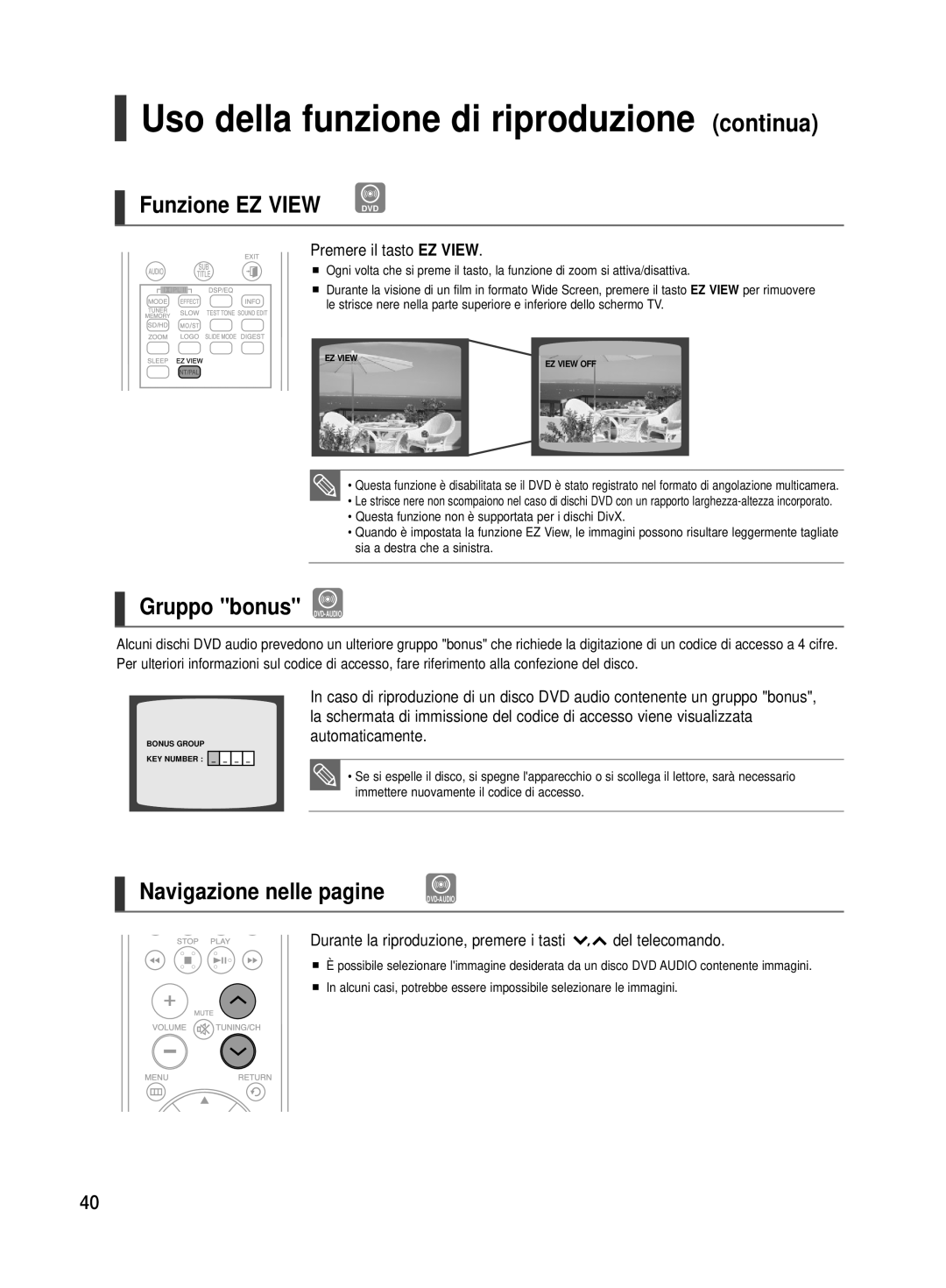 Samsung HT-TX500R/XET manual Gruppo bonus DVD-AUDIO, Premere il tasto EZ View 