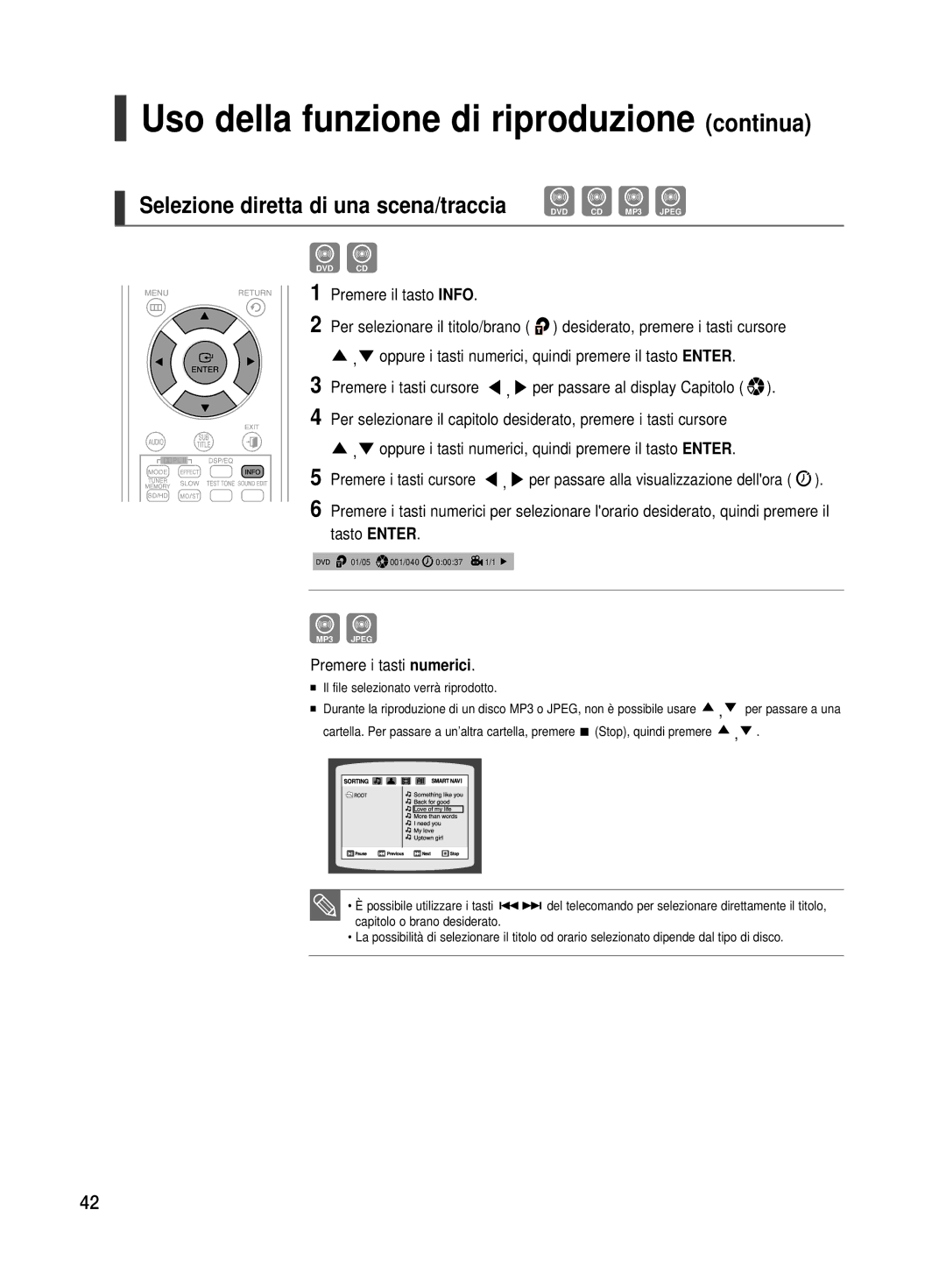 Samsung HT-TX500R/XET Oppure i tasti numerici, quindi premere il tasto Enter, Per passare al display Capitolo, Tasto Enter 