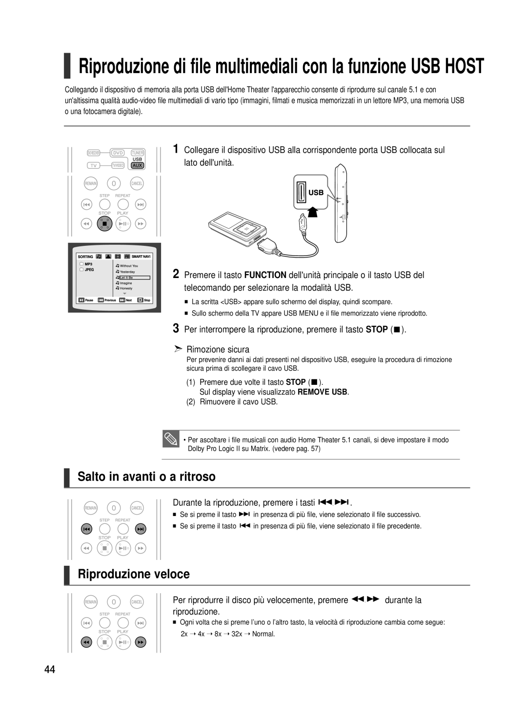 Samsung HT-TX500R/XET manual Riproduzione di file multimediali con la funzione USB Host 