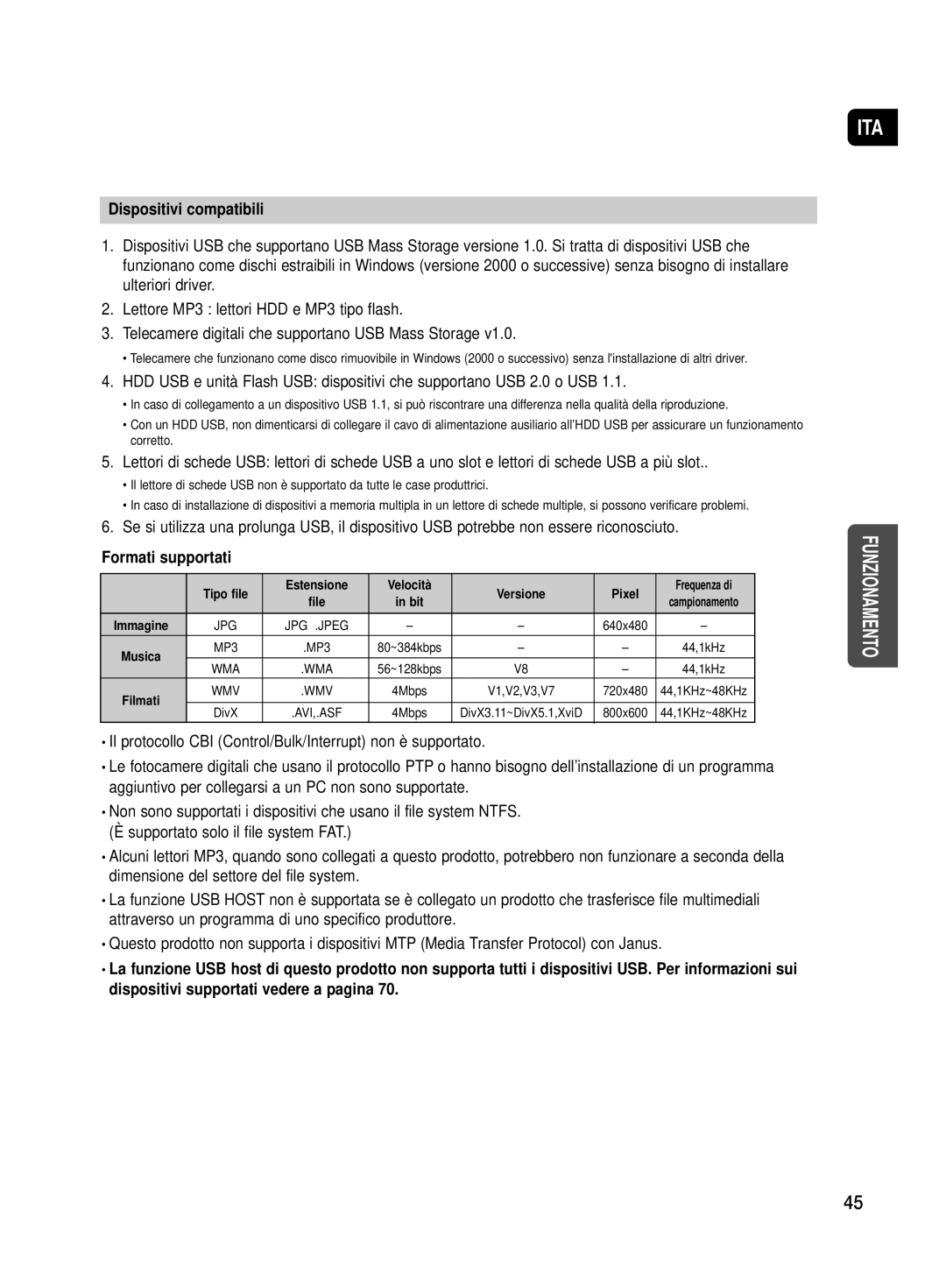 Samsung HT-TX500R/XET manual Dispositivi compatibili, Tipo file Estensione Velocità Versione Pixel 