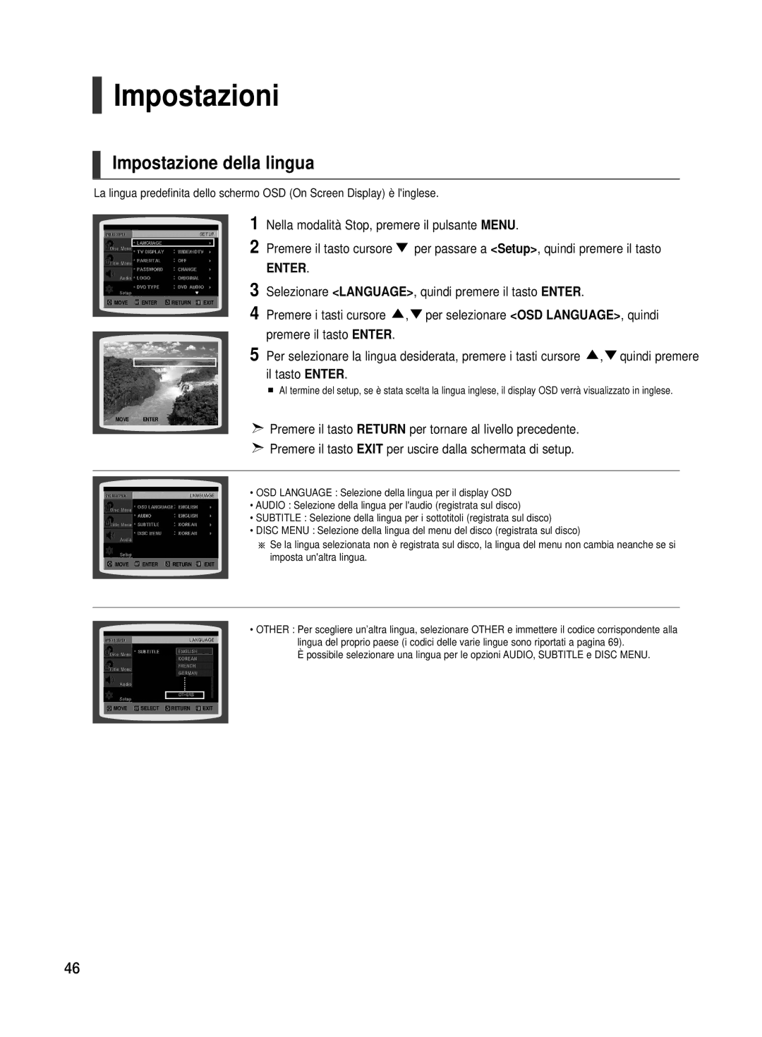 Samsung HT-TX500R/XET manual Impostazioni, Impostazione della lingua, Selezionare LANGUAGE, quindi premere il tasto Enter 