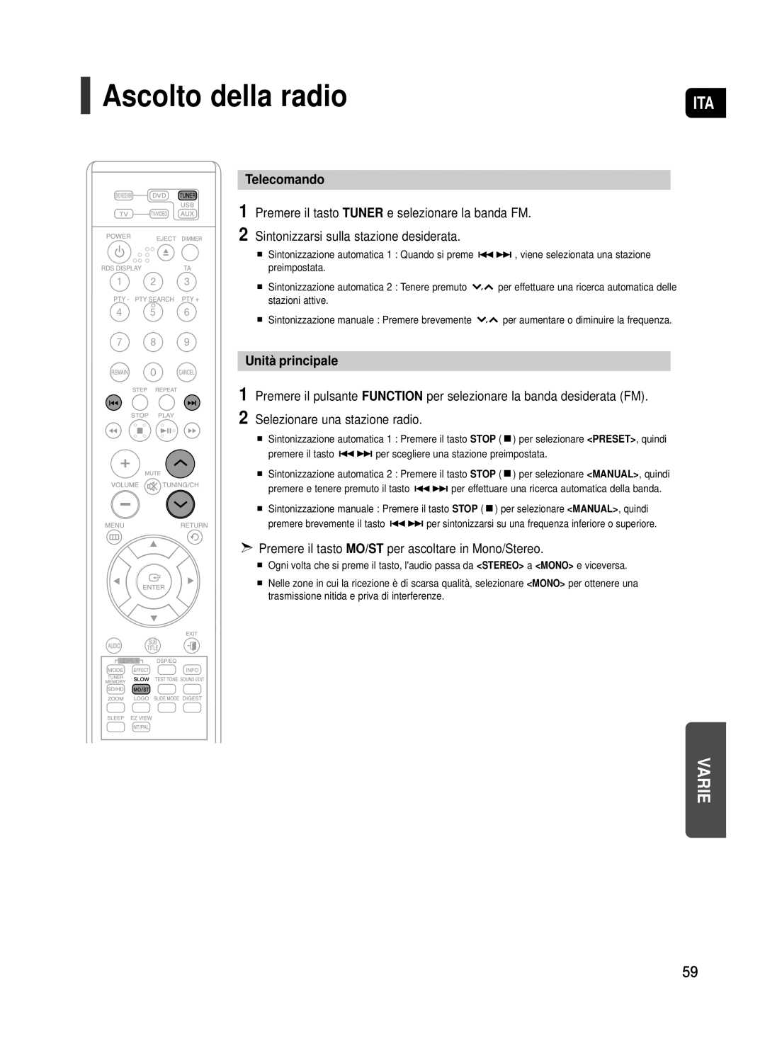 Samsung HT-TX500R/XET manual Ascolto della radio, Telecomando, Unità principale 