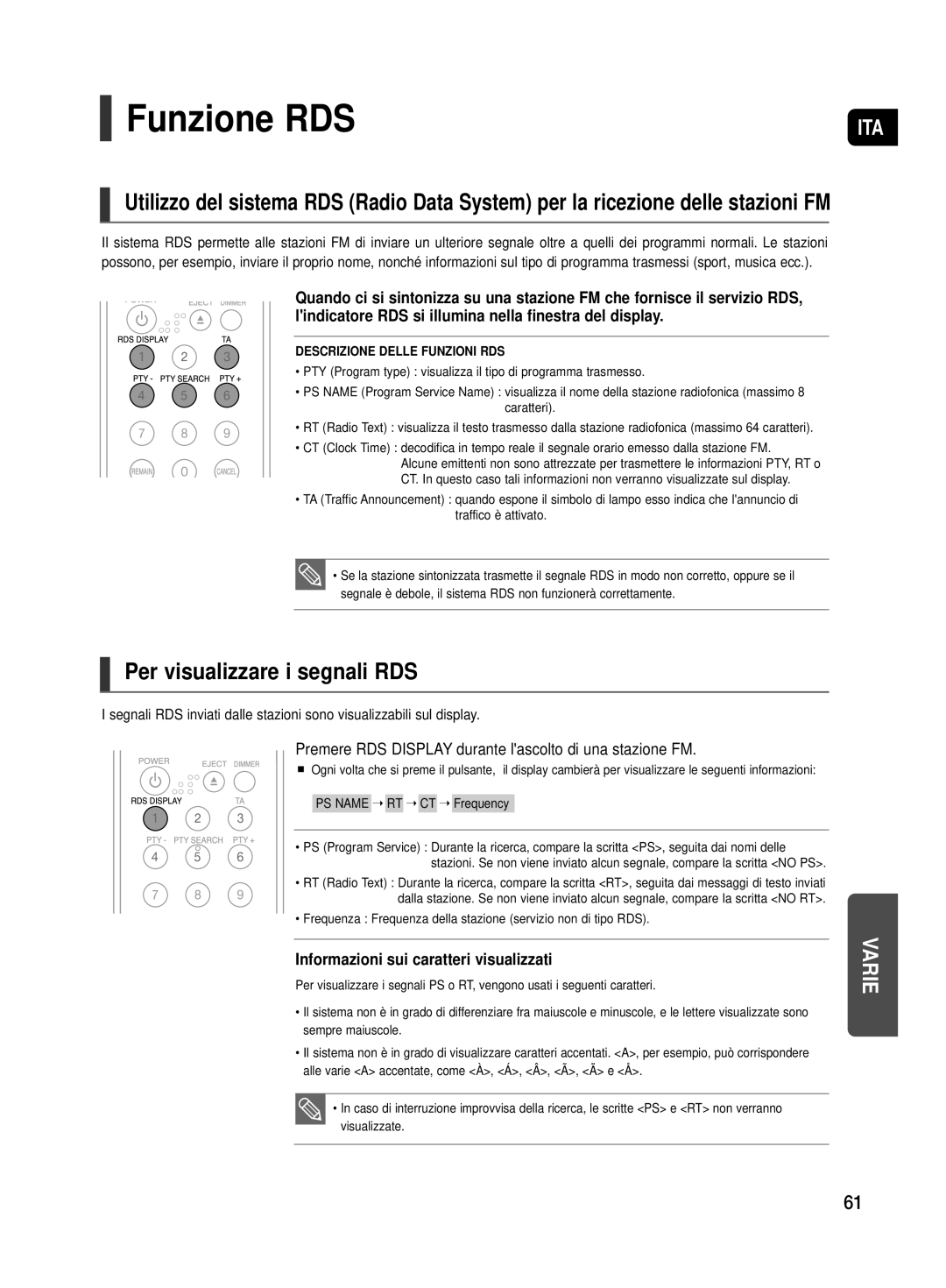 Samsung HT-TX500R/XET manual Funzione RDS, Per visualizzare i segnali RDS, Informazioni sui caratteri visualizzati 