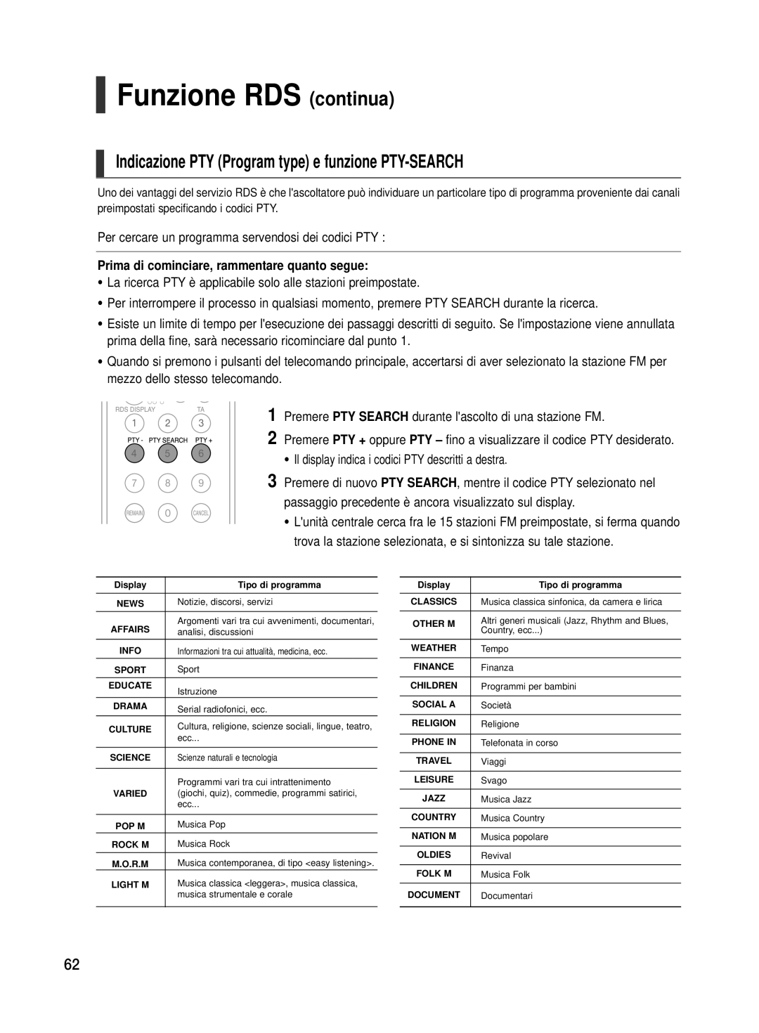 Samsung HT-TX500R/XET manual Funzione RDS continua, Indicazione PTY Program type e funzione PTY-SEARCH 