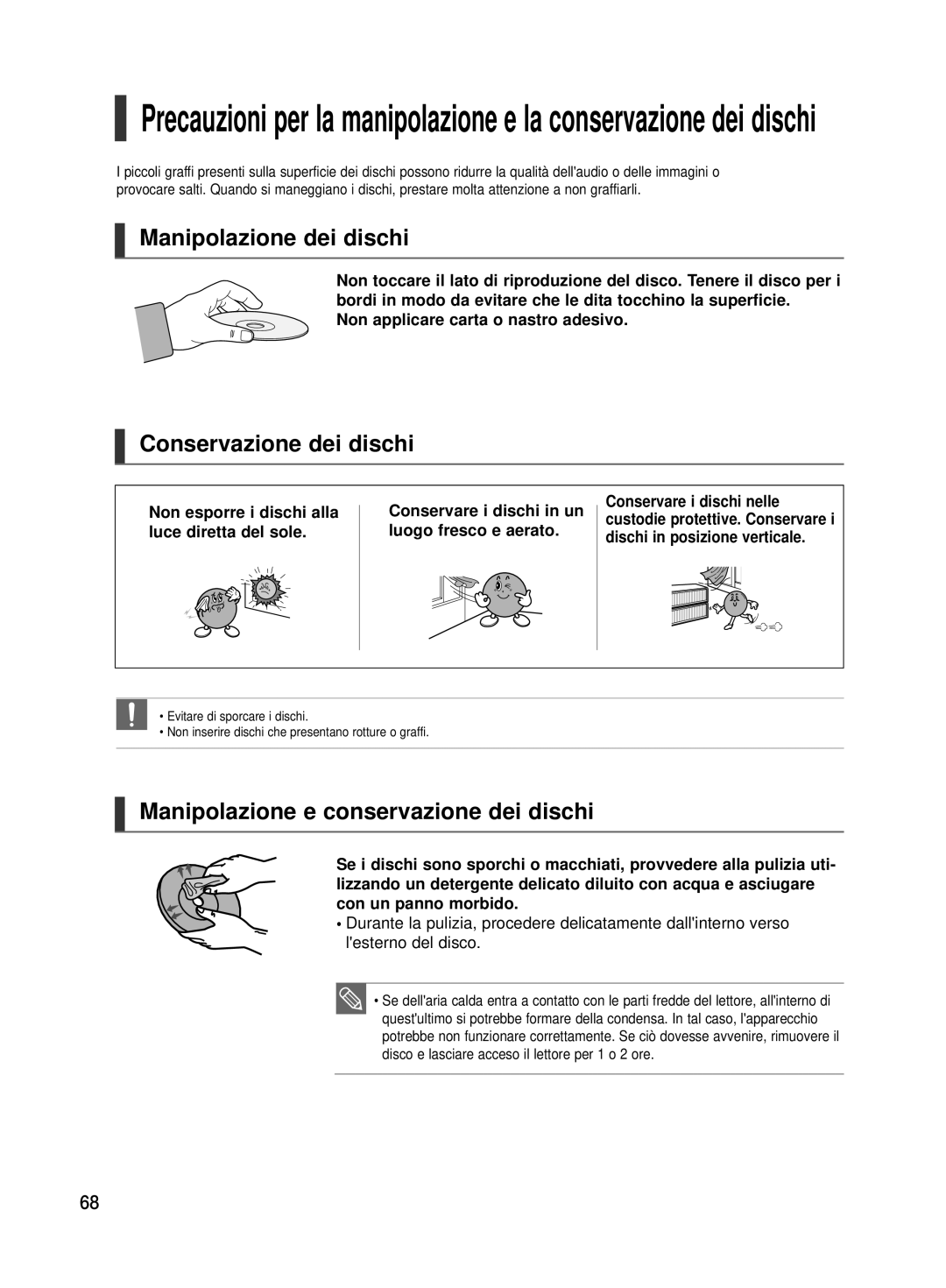 Samsung HT-TX500R/XET manual Manipolazione dei dischi, Conservazione dei dischi, Manipolazione e conservazione dei dischi 