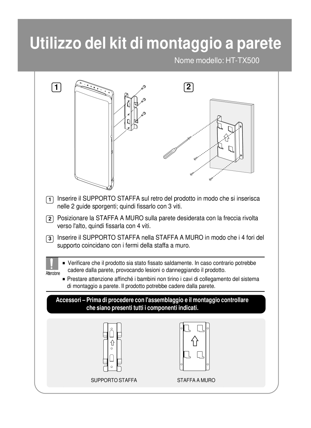 Samsung HT-TX500R/XET manual Utilizzo del kit di montaggio a parete 