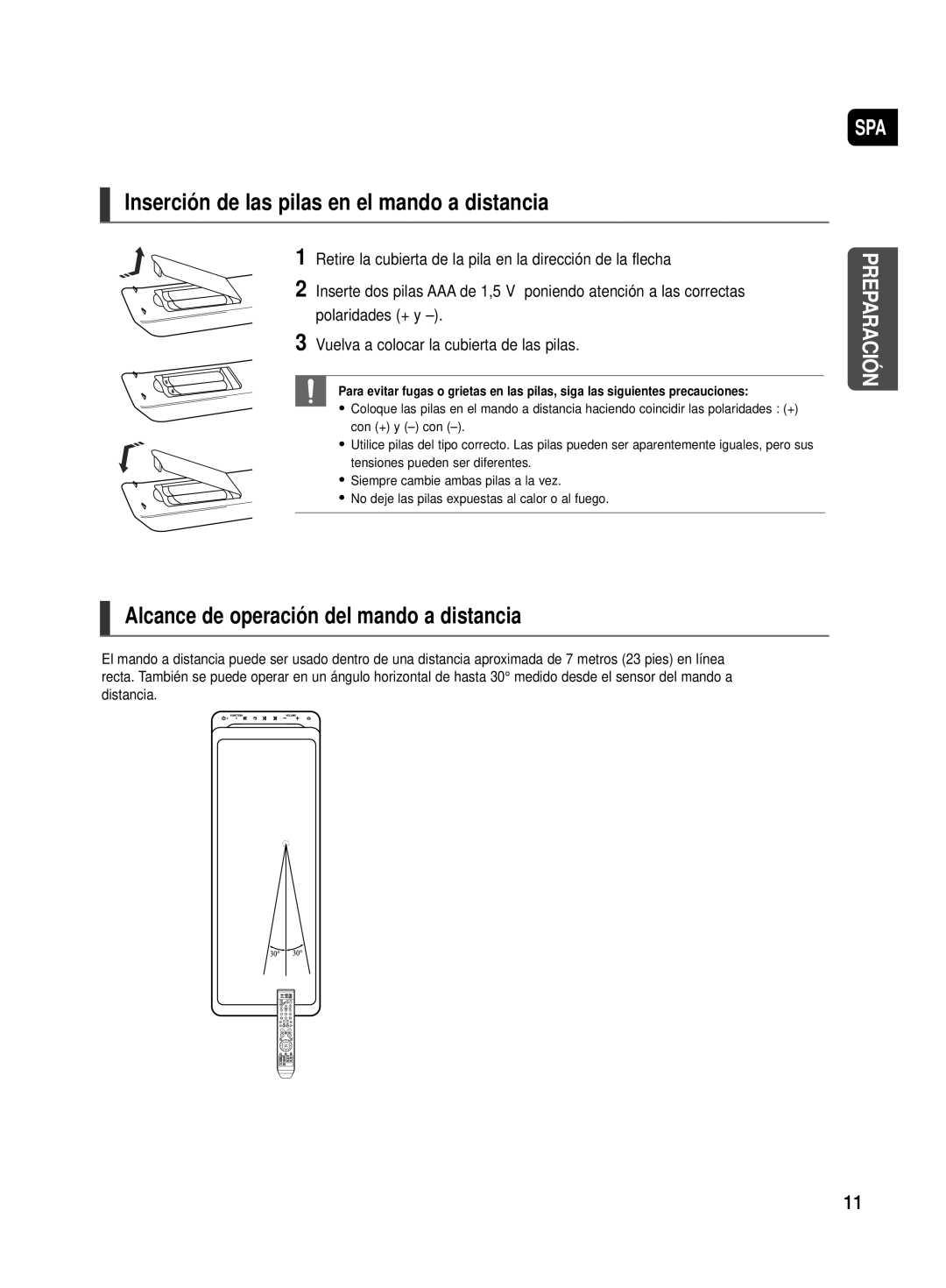 Samsung HT-TX500R/XET manual Inserción de las pilas en el mando a distancia, Alcance de operación del mando a distancia 