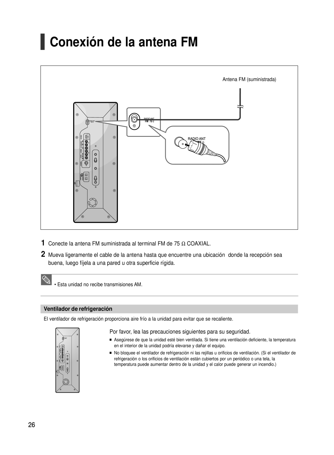 Samsung HT-TX500R/XET manual Conexión de la antena FM, Ventilador de refrigeración 