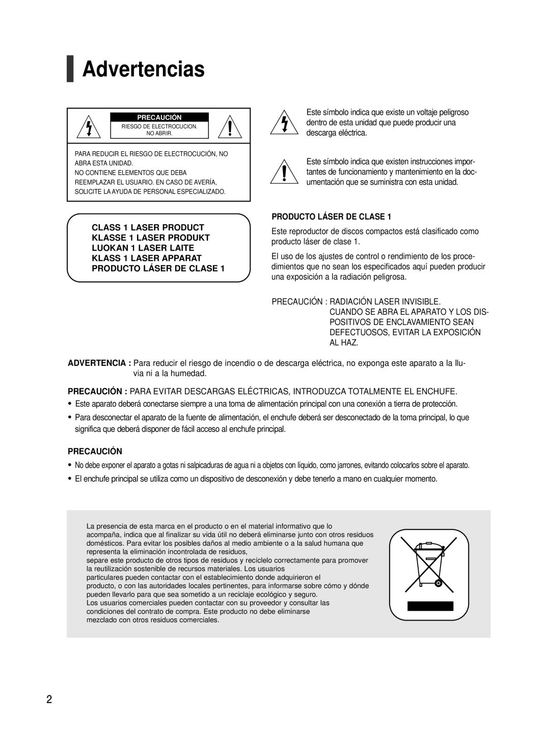 Samsung HT-TX500R/XET manual Advertencias, Precaución 