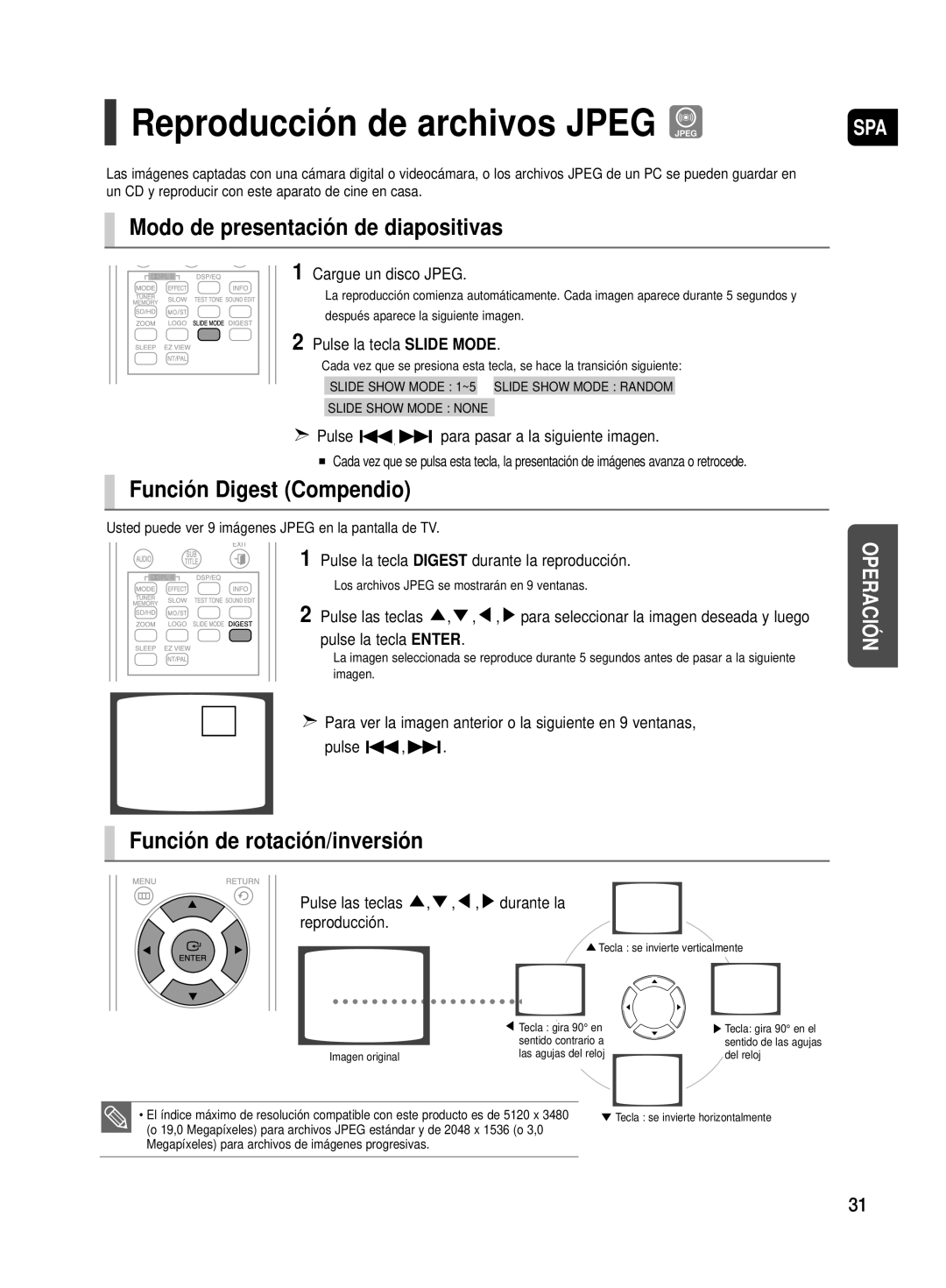 Samsung HT-TX500R/XET manual Modo de presentación de diapositivas, Función Digest Compendio, Función de rotación/inversión 