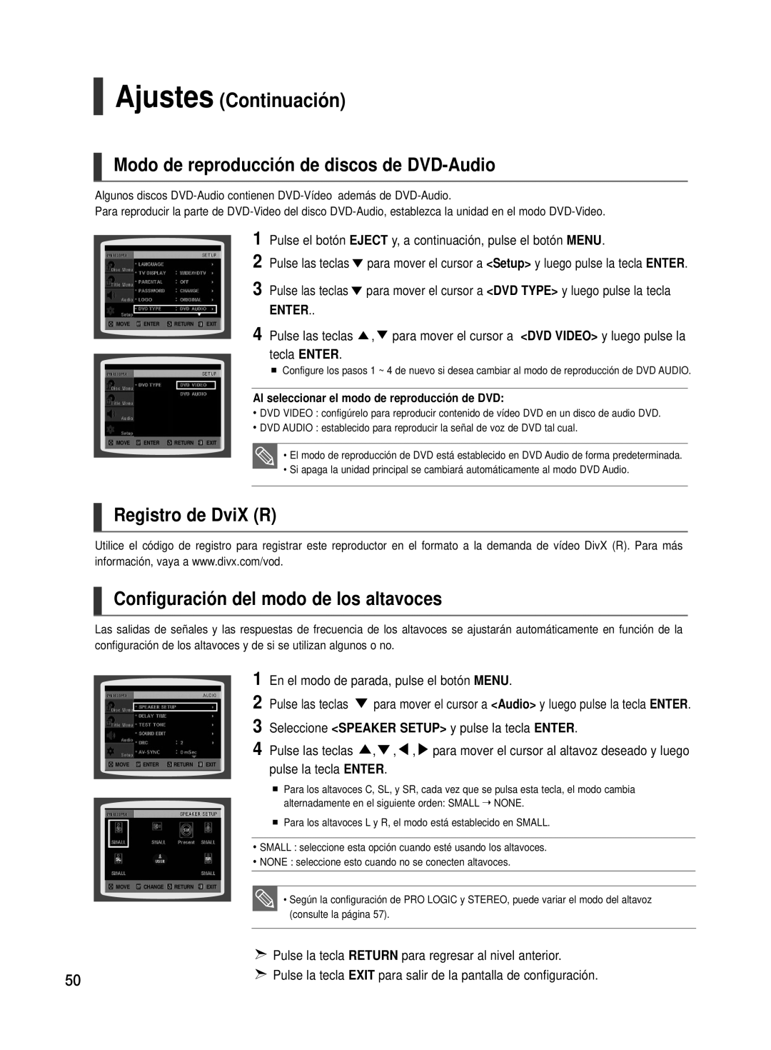 Samsung HT-TX500R/XET manual Modo de reproducción de discos de DVD-Audio, Seleccione Speaker Setup y pulse la tecla Enter 