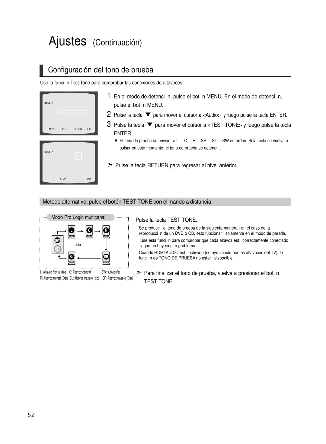 Samsung HT-TX500R/XET manual Configuración del tono de prueba, Pulse el botón Menu, Pulse la tecla Test Tone 