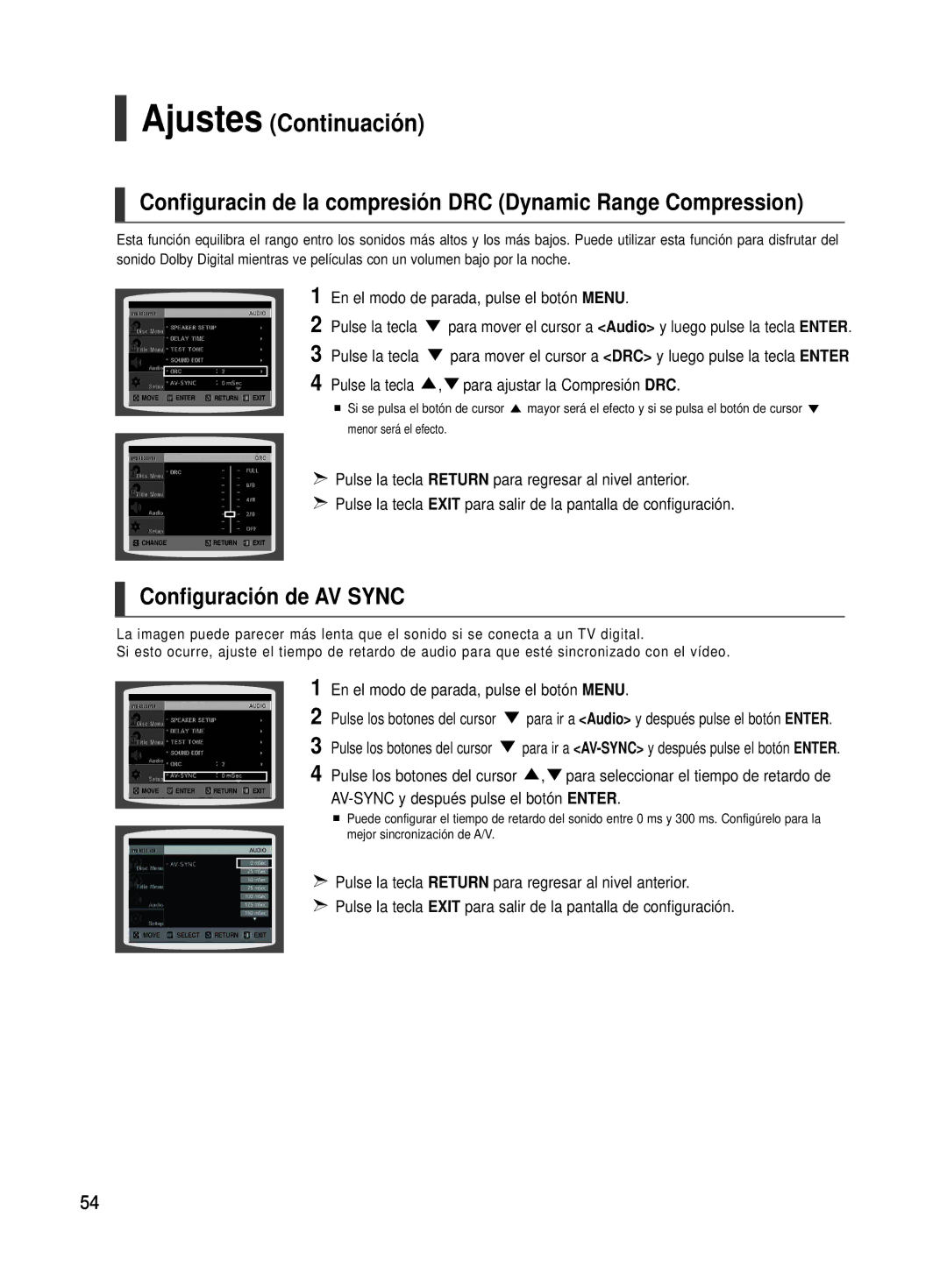 Samsung HT-TX500R/XET manual Configuración de AV Sync, Pulse la tecla Para ajustar la Compresión DRC 