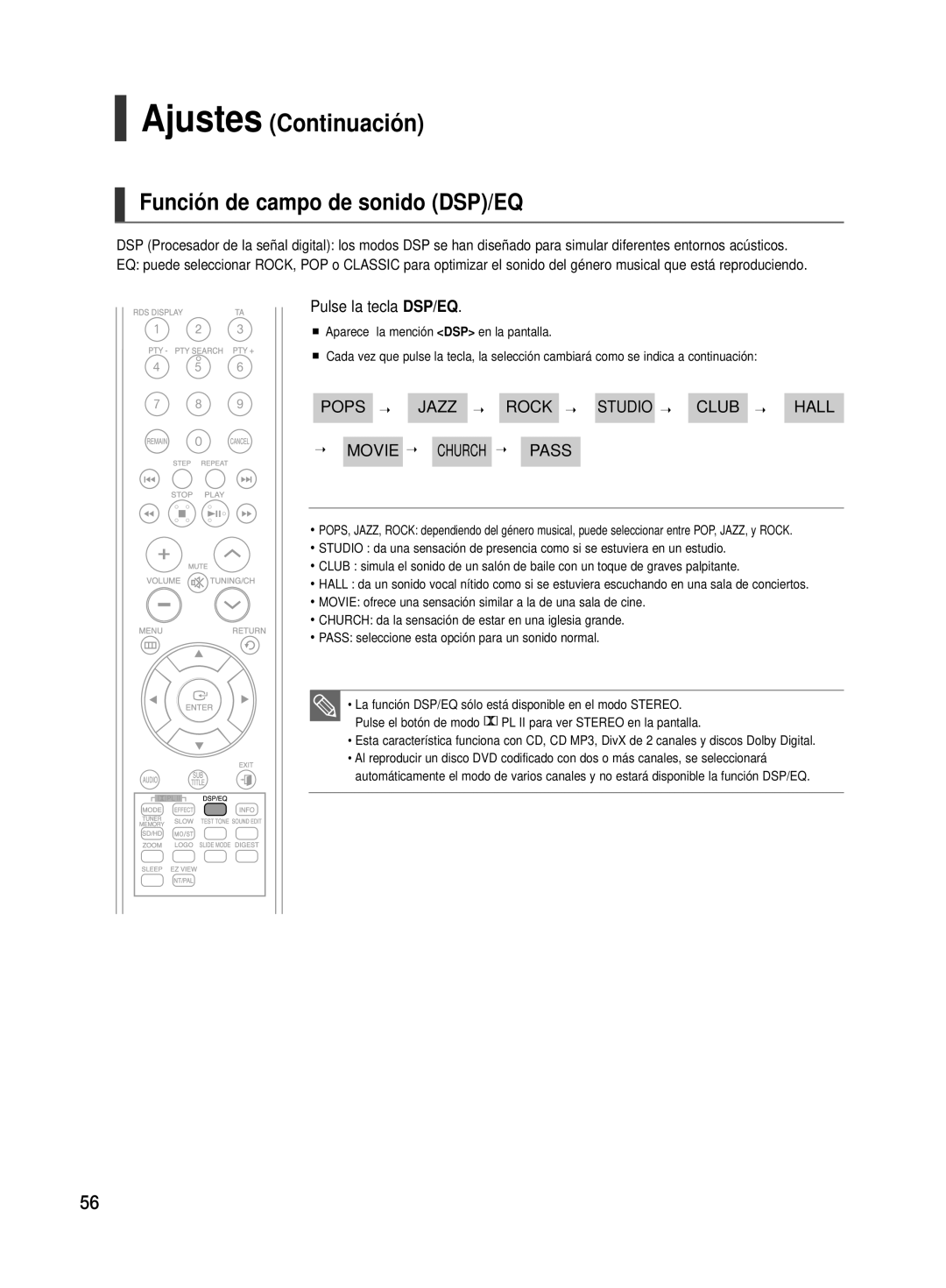 Samsung HT-TX500R/XET manual Función de campo de sonido DSP/EQ, Pulse la tecla DSP/EQ 