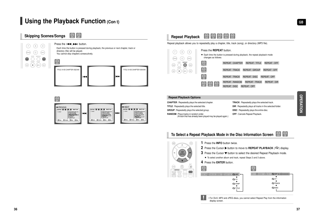 Samsung HT-TX500R/XEE manual Using the Playback Function Con’t, Skipping Scenes/Songs DVD MP3, Repeat Playback Options 