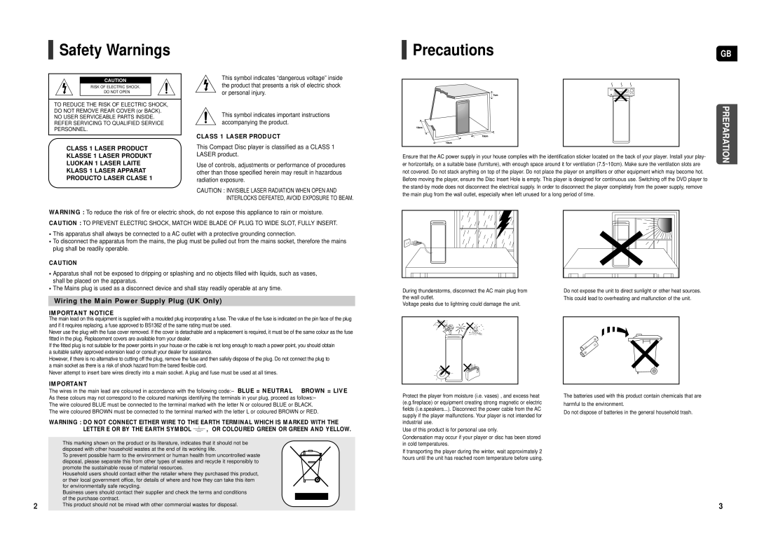 Samsung HT-TX500R/XET, HT-TX500T/ADL, HT-TX500R/XEF, HT-TX500R/XEO, HT-TX500R/XEE manual Safety Warnings, Precautions 