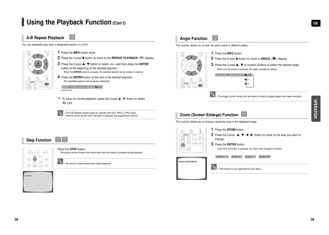 Samsung HT-TX500T/ADL Repeat Playback DVD, Step Function DVD DivX, Angle Function DVD, Zoom Screen Enlarge Function DVD 