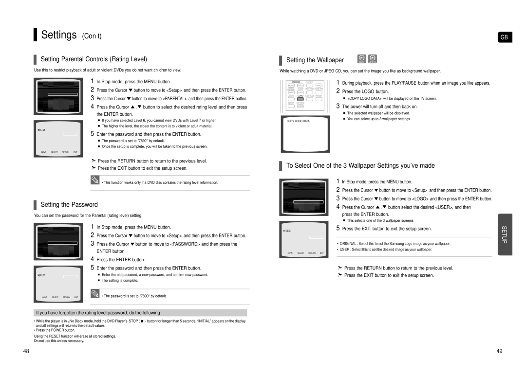 Samsung HT-TX500T/ADL, HT-TX500R/XEF manual Settings Con’t, Setting Parental Controls Rating Level, Setting the Password 