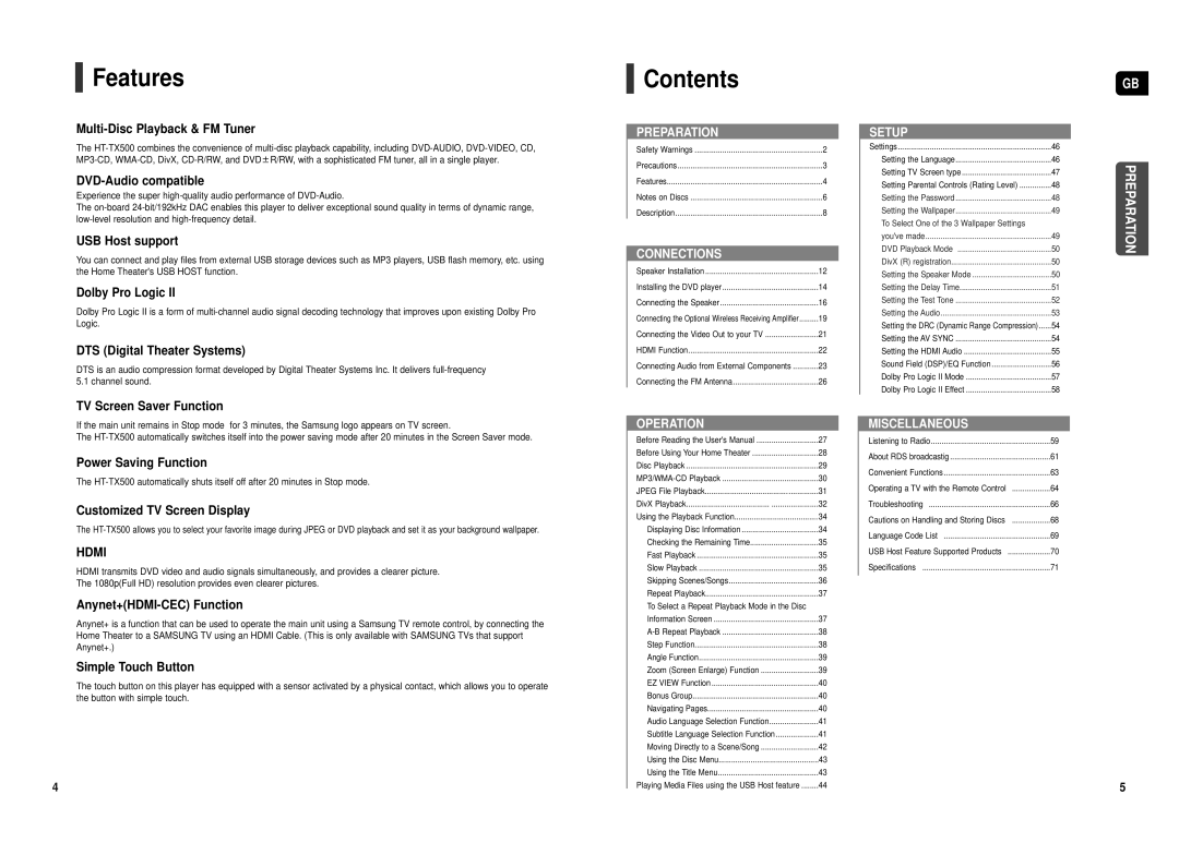 Samsung HT-TX500R/XEO, HT-TX500T/ADL, HT-TX500R/XEF, HT-TX500R/XET, HT-TX500R/XEE manual Features, Contents 