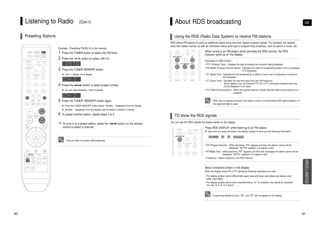 Samsung HT-TX500R/XEF manual Listening to Radio Con’t, About RDS broadcasting, Presetting Stations, To show the RDS signals 