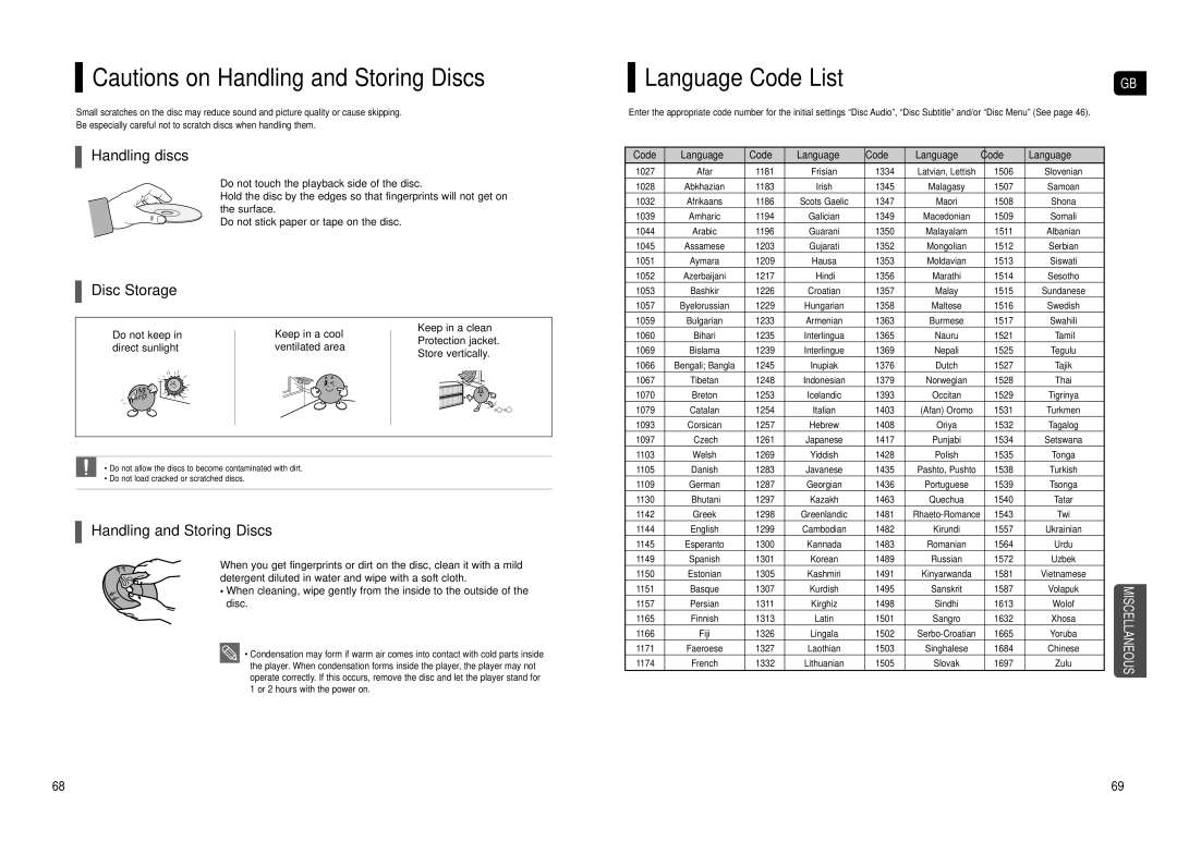 Samsung HT-TX500T/ADL manual Language Code List, Handling discs, Disc Storage, Handling and Storing Discs, Code Language 