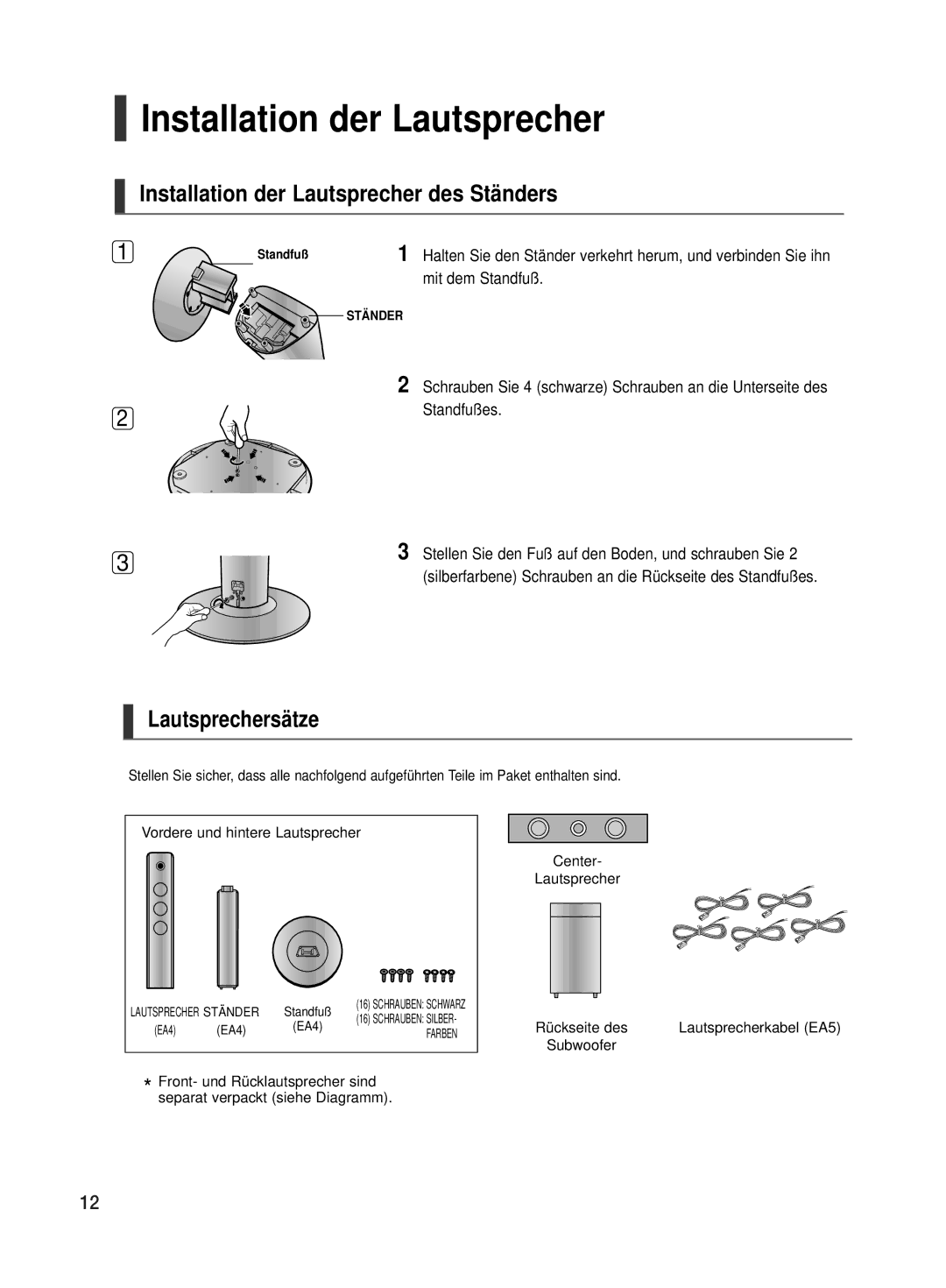 Samsung HT-TX500R/XEF, HT-TX500T/ADL manual Installation der Lautsprecher des Ständers, Lautsprechersätze 