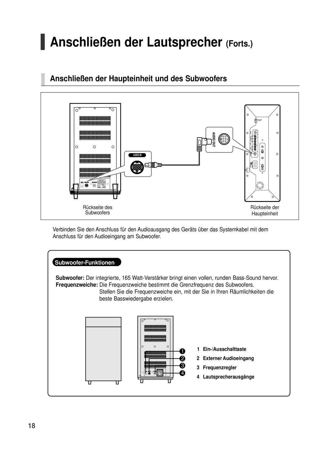 Samsung HT-TX500R/XEF, HT-TX500T/ADL Anschließen der Lautsprecher Forts, Anschließen der Haupteinheit und des Subwoofers 