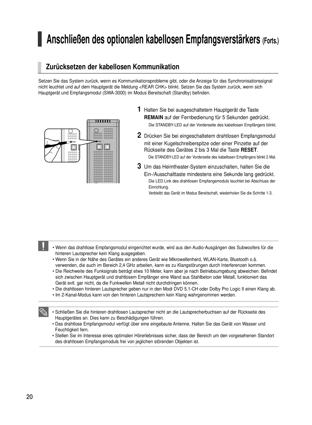 Samsung HT-TX500R/XEF, HT-TX500T/ADL manual Zurücksetzen der kabellosen Kommunikation 