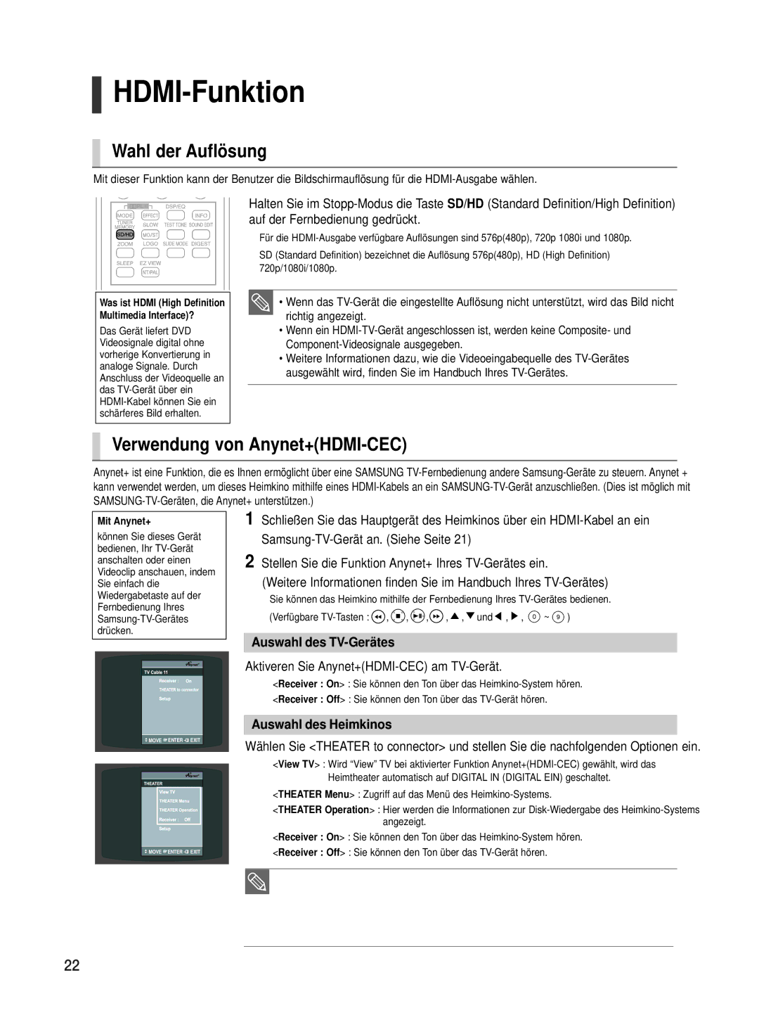 Samsung HT-TX500R/XEF manual HDMI-Funktion, Wahl der Auflösung, Verwendung von Anynet+HDMI-CEC, Auswahl des TV-Gerätes 